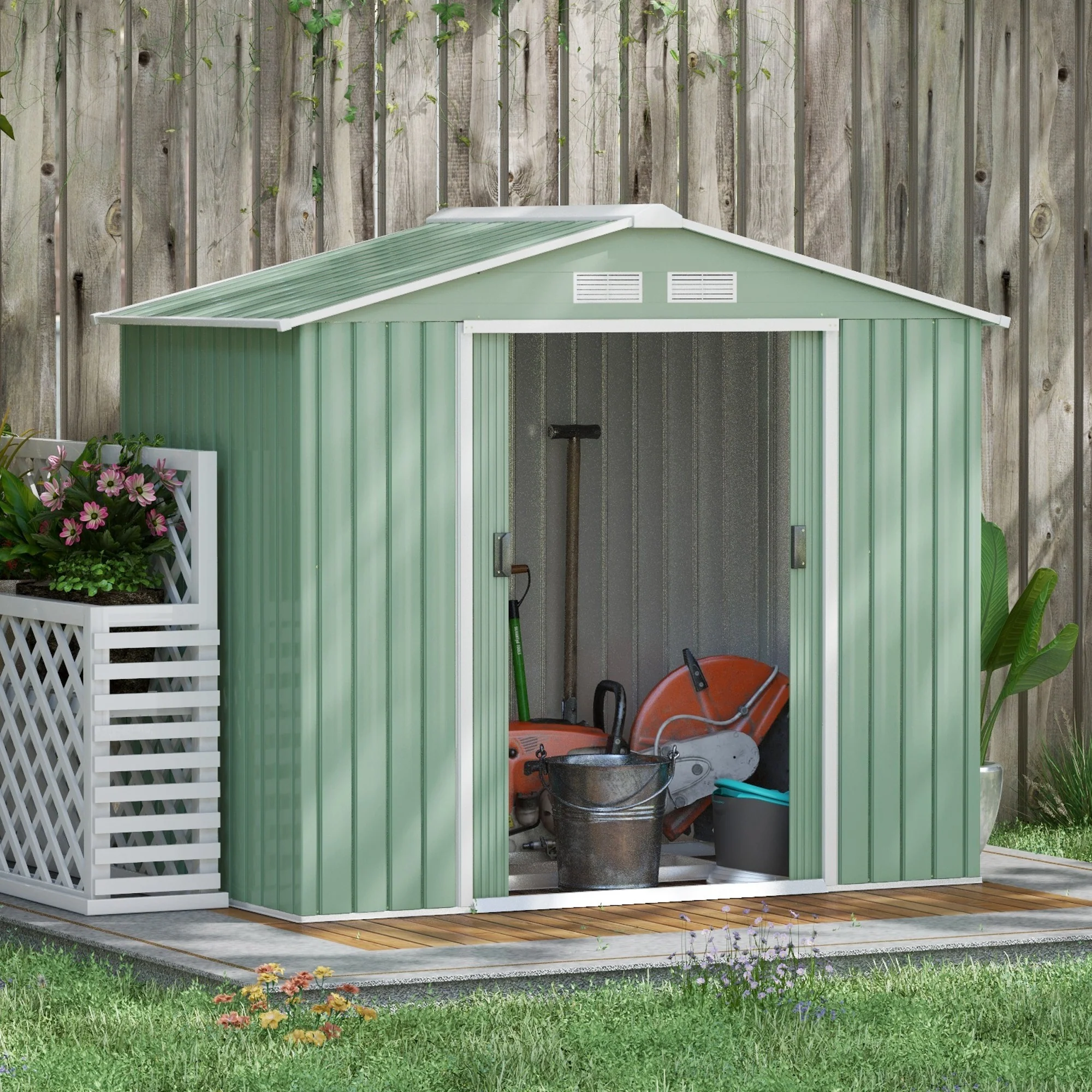 EverBase 7' x 4' Outdoor Storage Shed with Foundation Kit, Double Lockable Door & Air Vents, Light Green - Image 4