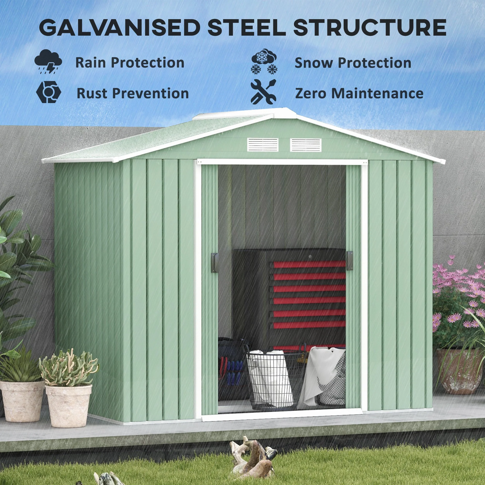 EverBase 7' x 4' Outdoor Storage Shed with Foundation Kit, Double Lockable Door & Air Vents, Light Green - Image 6