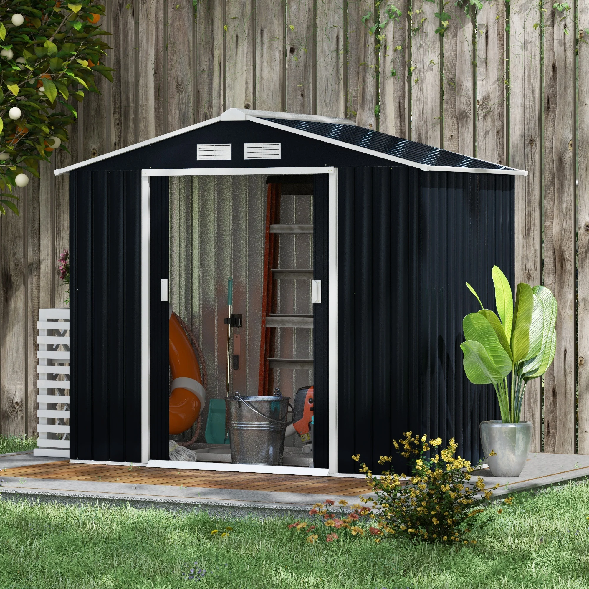 EverBase 7' x 4' Outdoor Storage Shed with Foundation Kit, Double Lockable Door & Air Vents, Dark Gray - Image 3