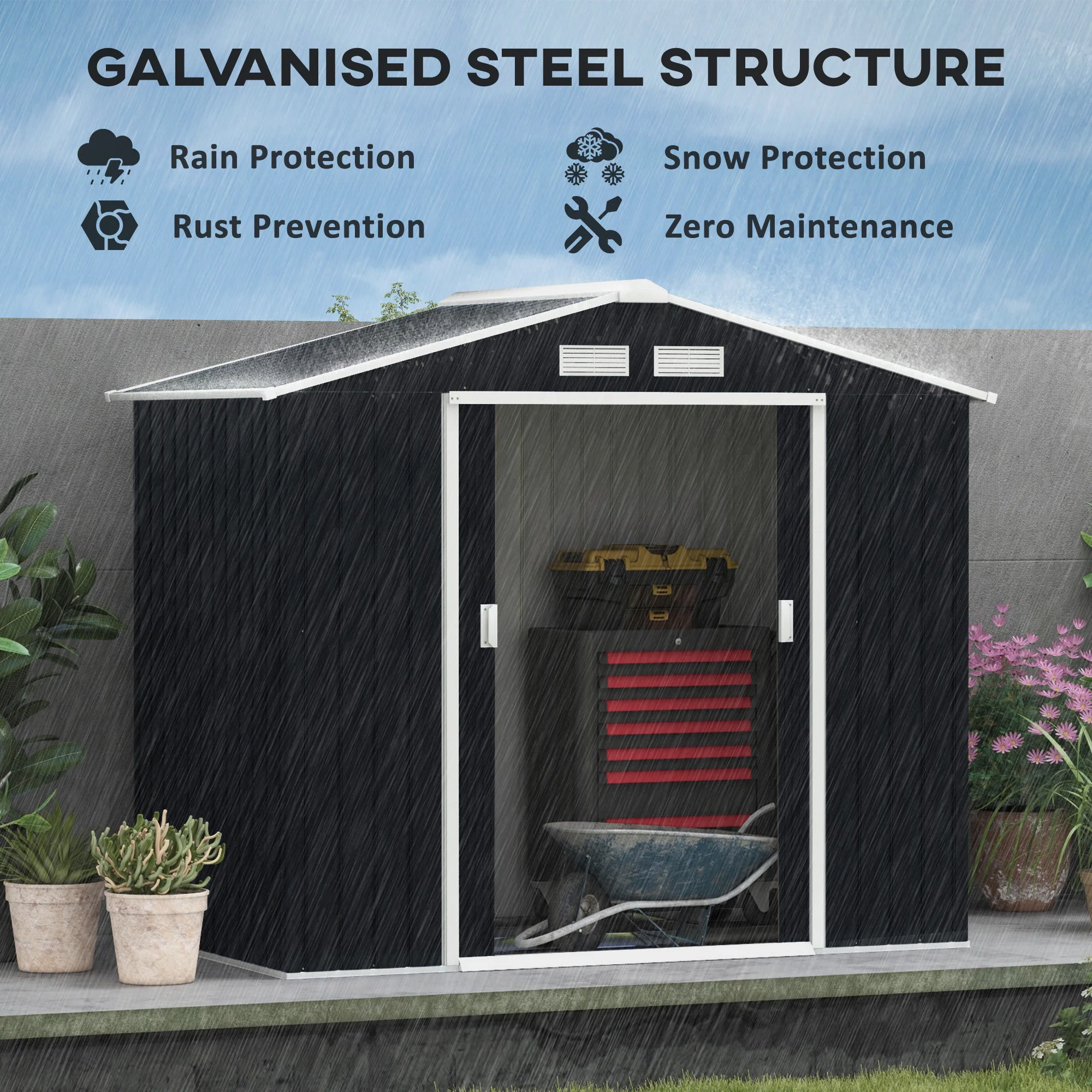 EverBase 7' x 4' Outdoor Storage Shed with Foundation Kit, Double Lockable Door & Air Vents, Dark Gray - Image 6