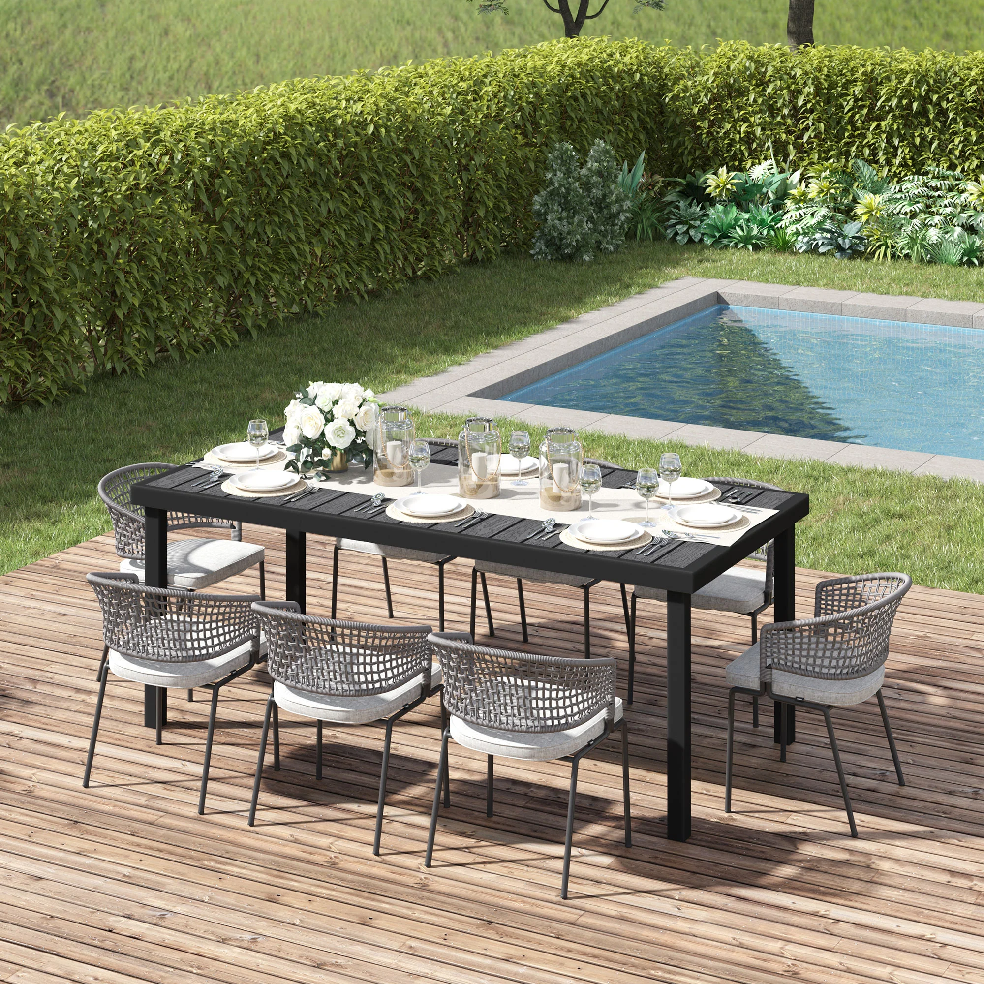 75" x 35" Outdoor Dining Table with Aluminum Frame & All-Weather Faux Wood Top, Black - Image 4