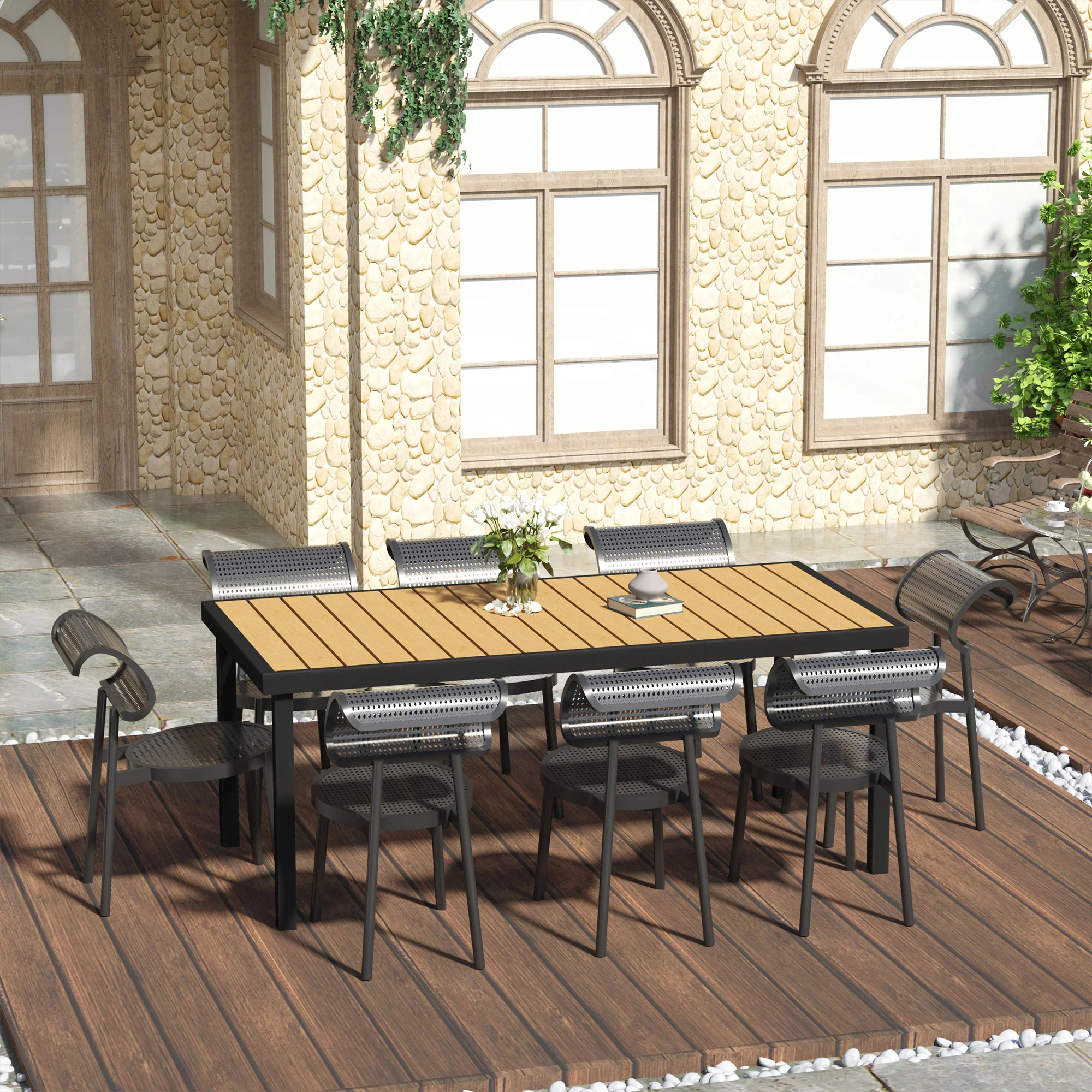 75" x 35" Outdoor Dining Table with Aluminum Frame & All-Weather Faux Wood Top, Natural - Image 3