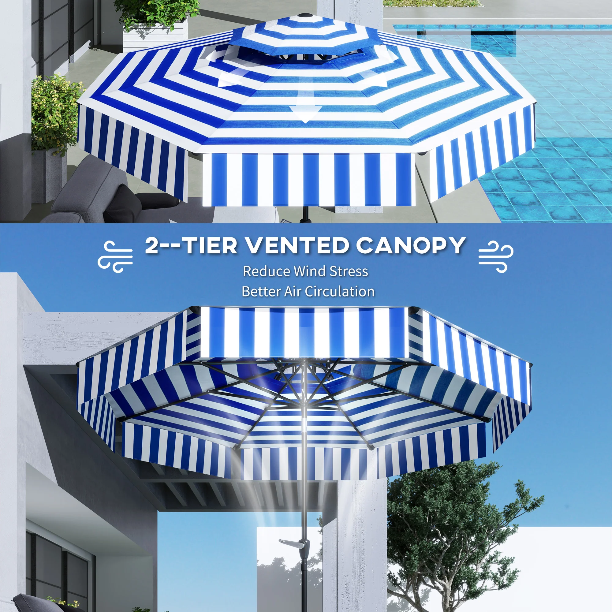 8.6FT Patio Umbrella with Tilt, Crank & UPF 30+ Sun Protection, 2-Tier Vented Design, Navy Blue - Image 8