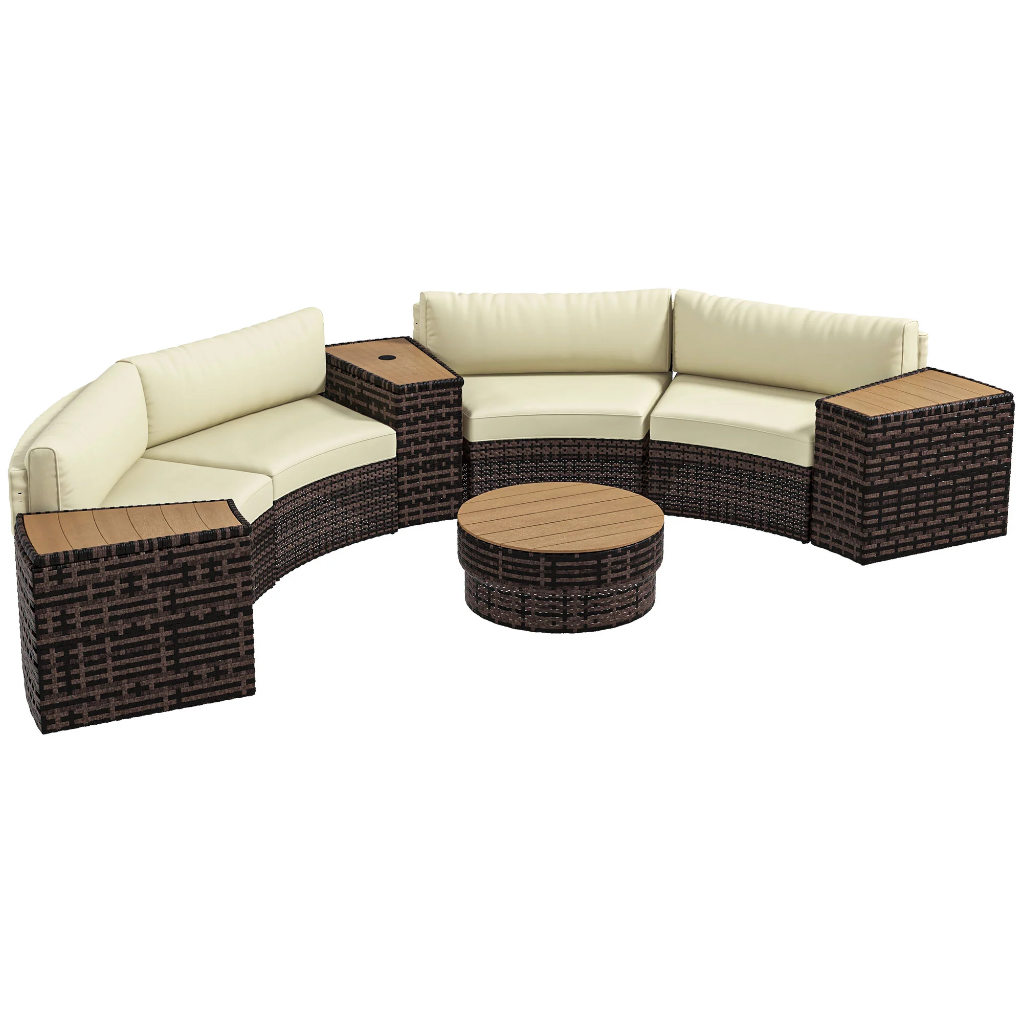 8PC Outdoor Conversation Set w/ 4 Rattan Sofa Chairs, 4 Tables & Umbrella Hole, Mixed Brown