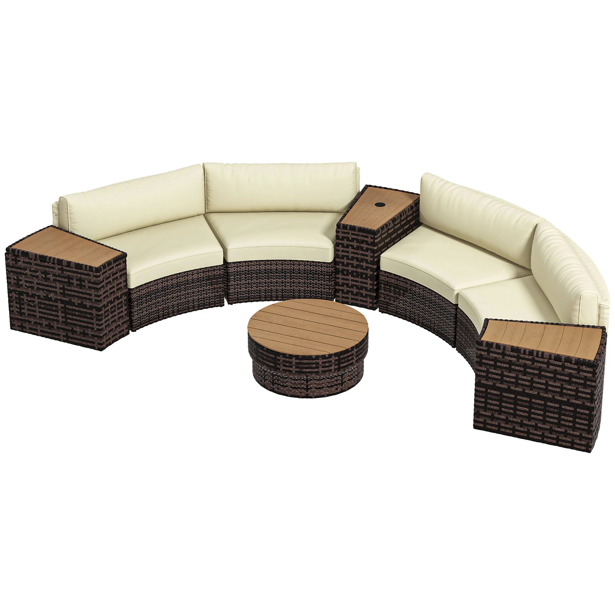 8PC Outdoor Conversation Set w/ 4 Rattan Sofa Chairs, 4 Tables & Umbrella Hole, Mixed Brown - Image 2