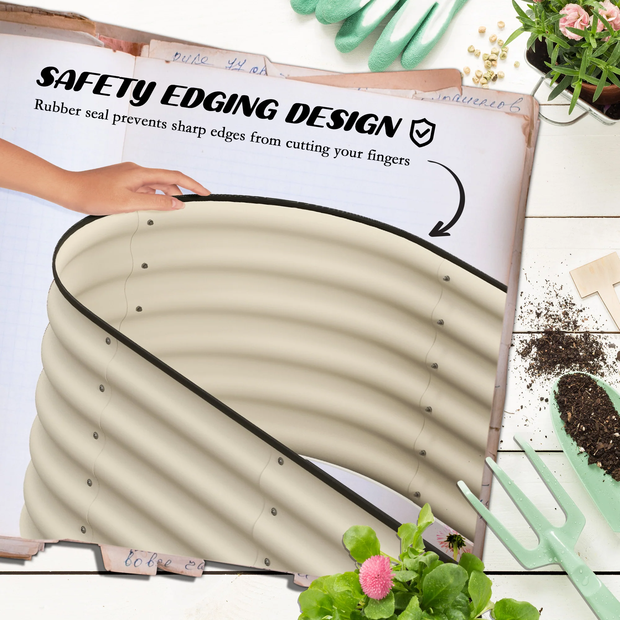 8' x 2' x 1.4' Galvanized Raised Garden Bed Kit, Outdoor Metal Elevated Planter Box with Safety Edging, Easy DIY Stock Tank for Growing Flowers, Herbs & Vegetables, Cream - Image 8