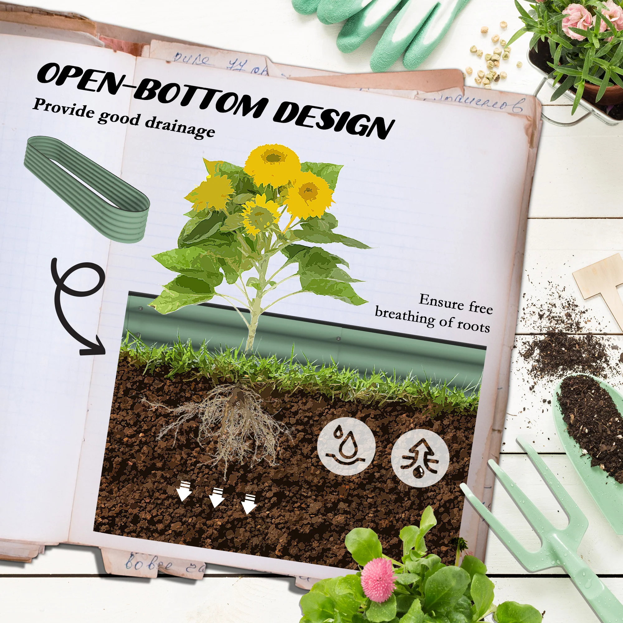 8' x 2' x 1.4' Galvanized Raised Garden Bed Kit, Outdoor Metal Elevated Planter Box with Safety Edging, Easy DIY Stock Tank for Growing Flowers, Herbs & Vegetables, Green - Image 7
