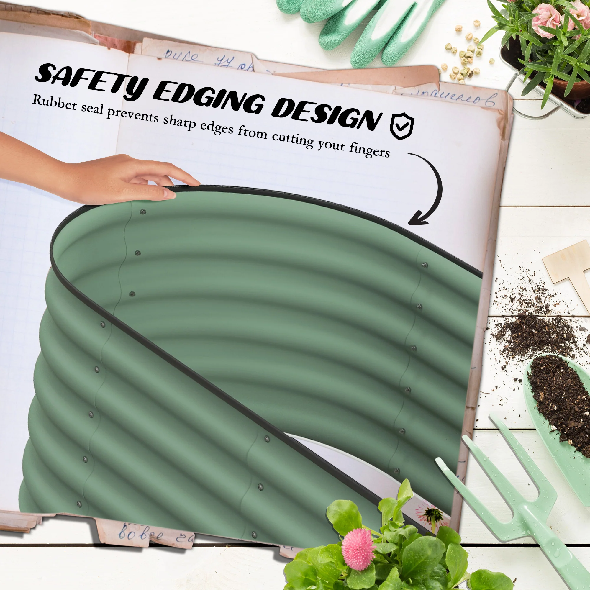 8' x 2' x 1.4' Galvanized Raised Garden Bed Kit, Outdoor Metal Elevated Planter Box with Safety Edging, Easy DIY Stock Tank for Growing Flowers, Herbs & Vegetables, Green - Image 8