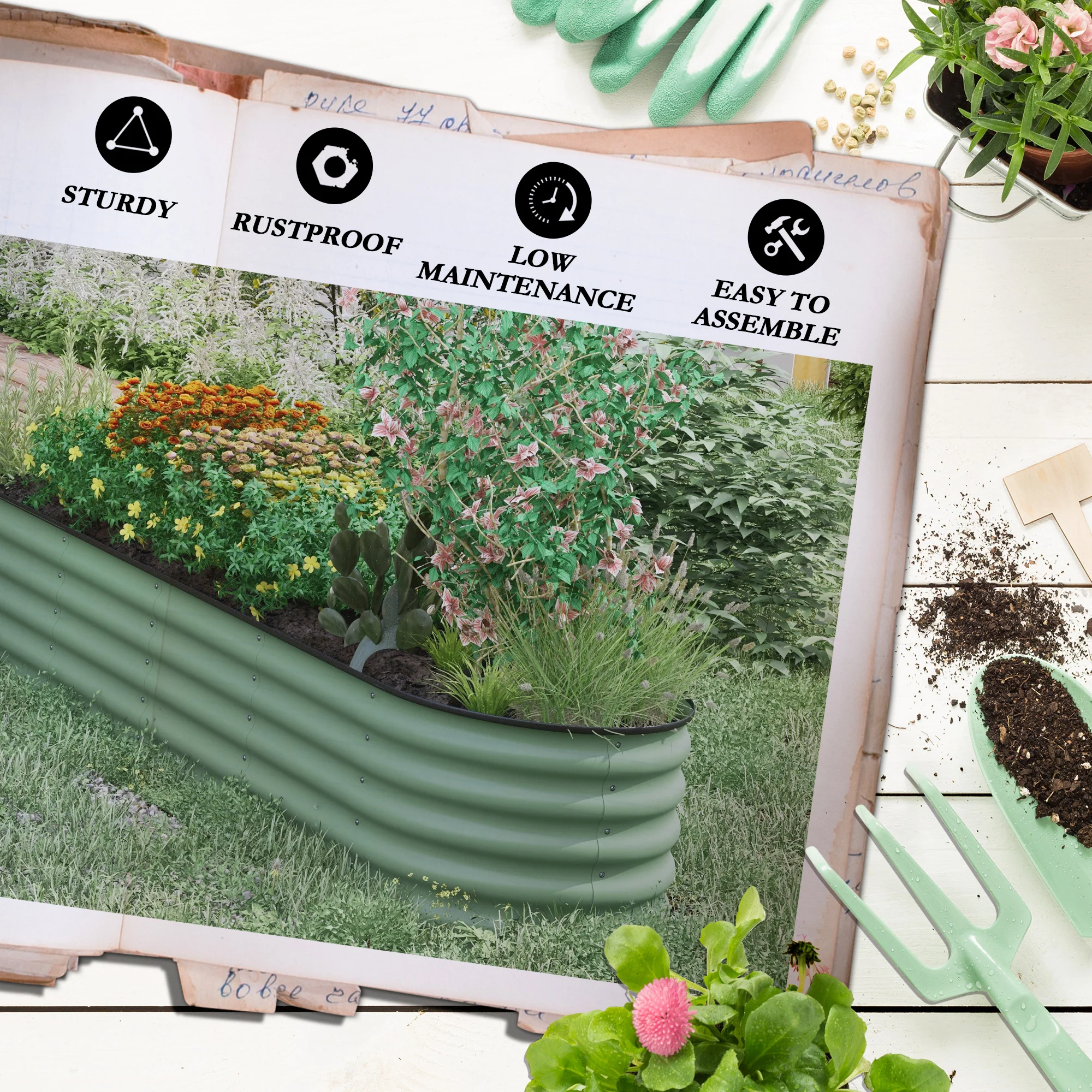 8' x 2' x 1.4' Galvanized Raised Garden Bed Kit, Outdoor Metal Elevated Planter Box with Safety Edging, Easy DIY Stock Tank for Growing Flowers, Herbs & Vegetables, Green - Image 9