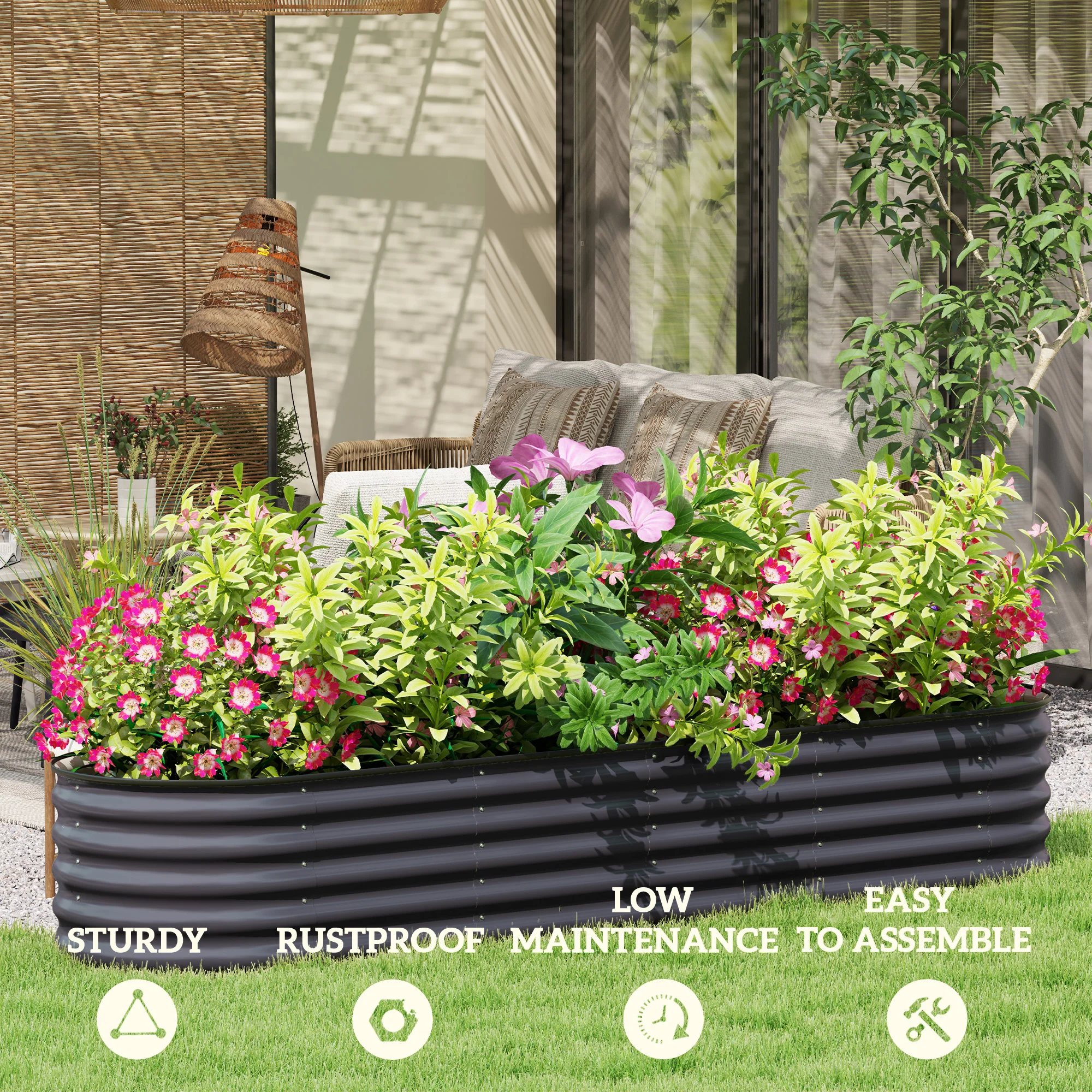 8' x 2' x 1.4' Galvanized Raised Garden Bed Kit, Outdoor Metal Elevated Planter Box with Safety Edging, Easy DIY Stock Tank for Growing Flowers, Herbs & Vegetables, Dark Gray - Image 9