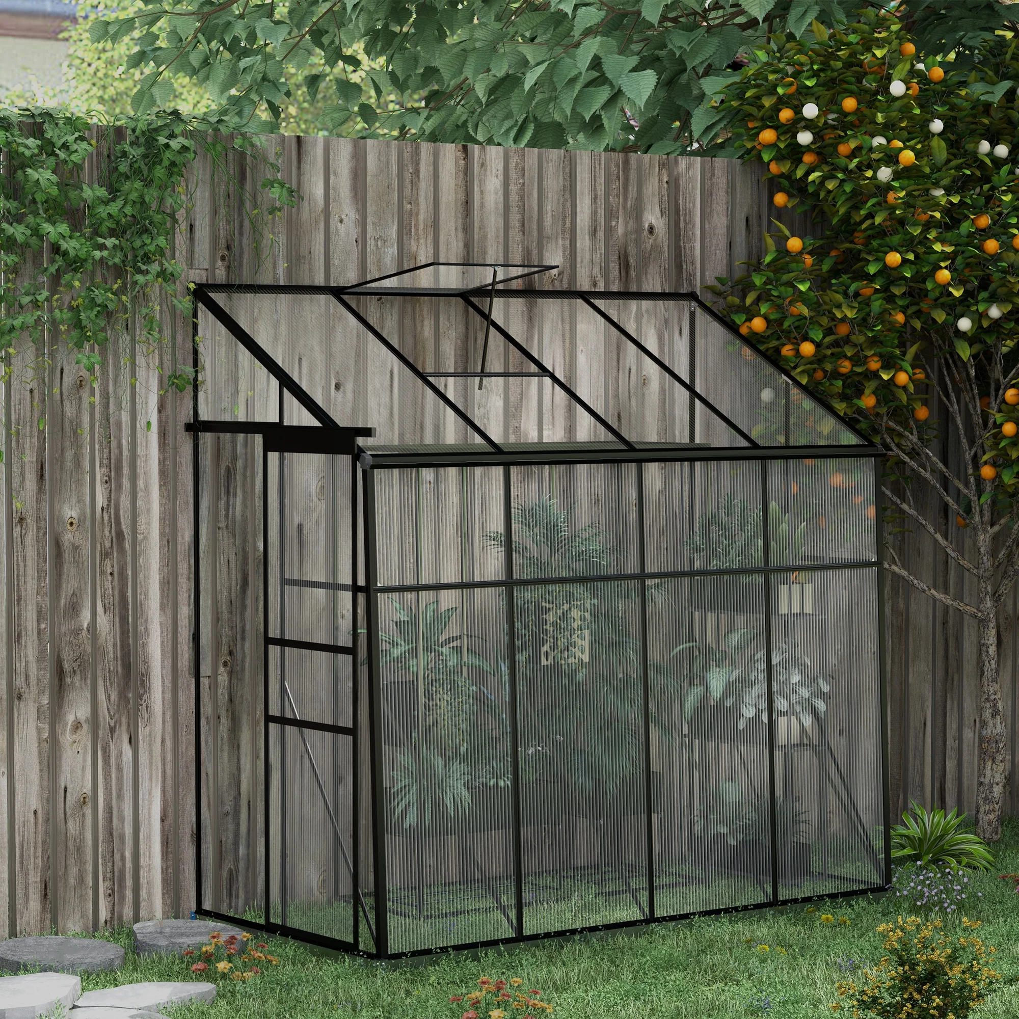 8' x 4' Lean-to Polycarbonate Greenhouse with Sliding Door, Aluminum Frame, Black - Image 3
