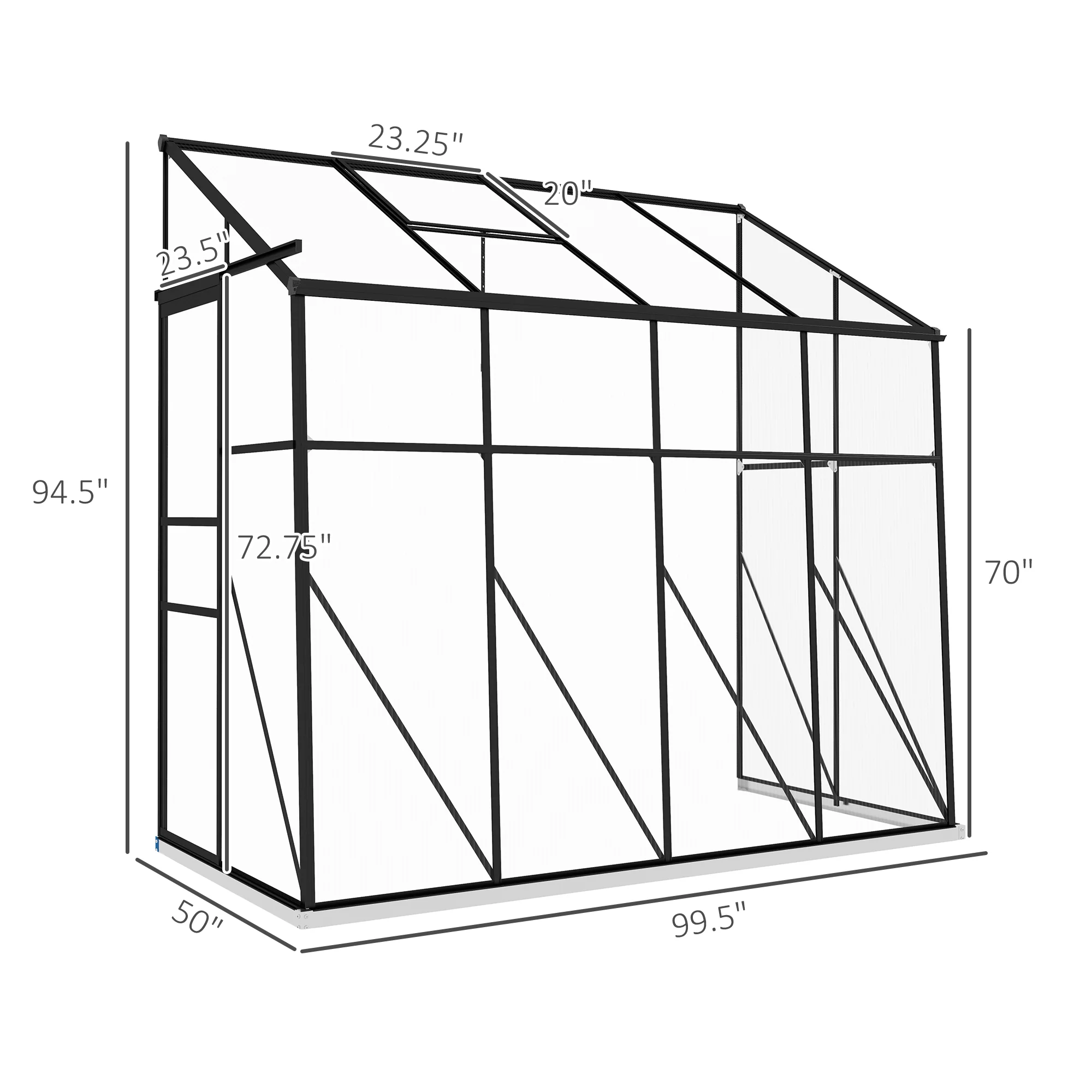 8' x 4' Lean-to Polycarbonate Greenhouse with Sliding Door, Aluminum Frame, Black - Image 5