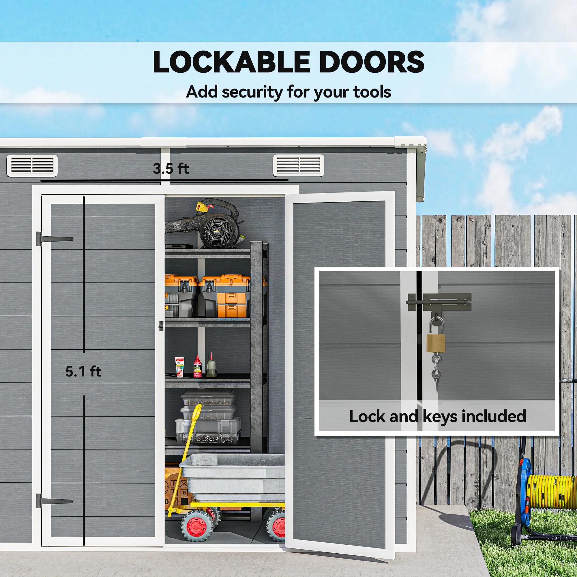 EverBase 8' x 4' Outdoor Storage Shed with Window, Lockable Doors and Vents, Gray - Image 9