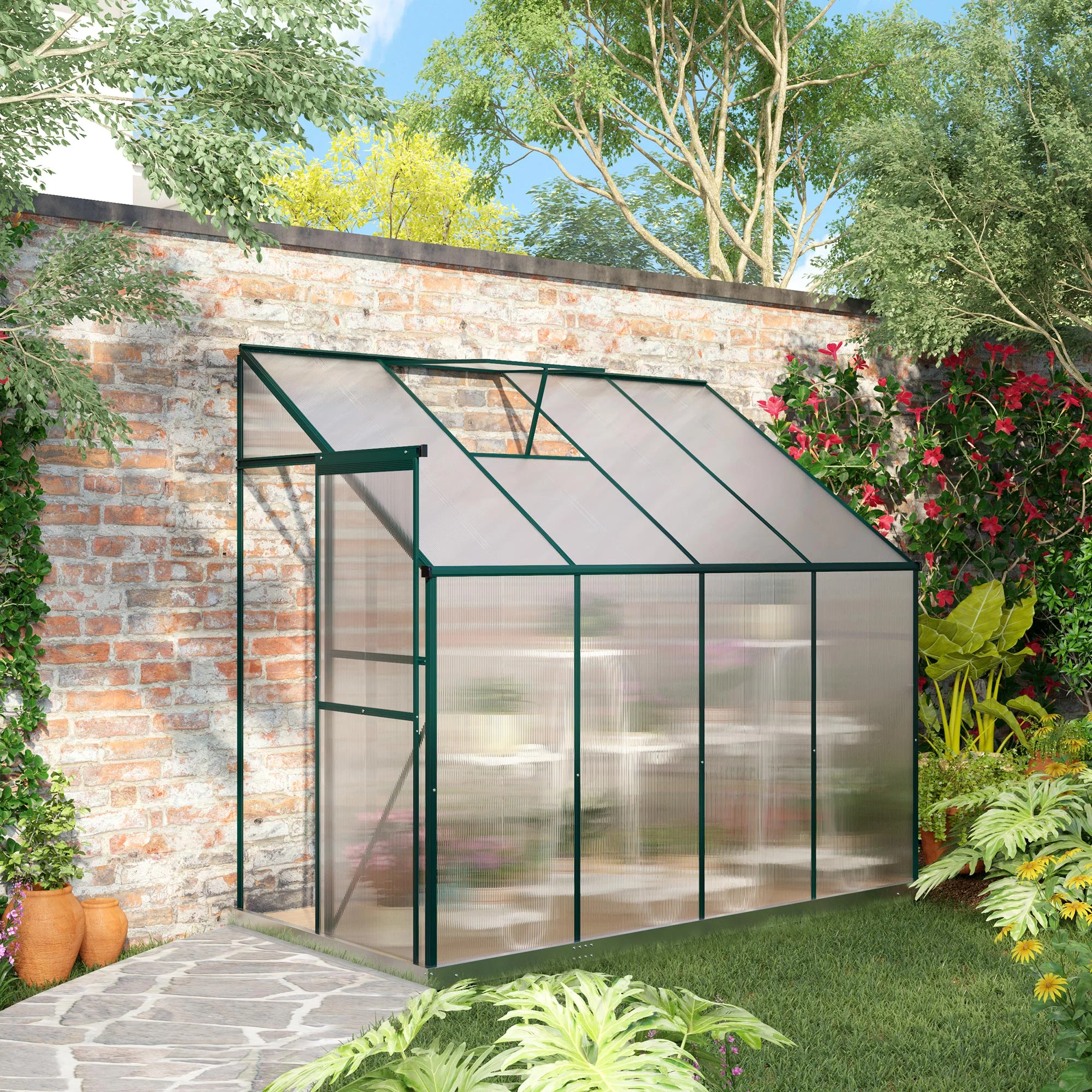 8' x 4' x 7' Walk-in Lean-To Greenhouse with Aluminum Frame, Sliding Door, Roof Vent, Green - Image 3