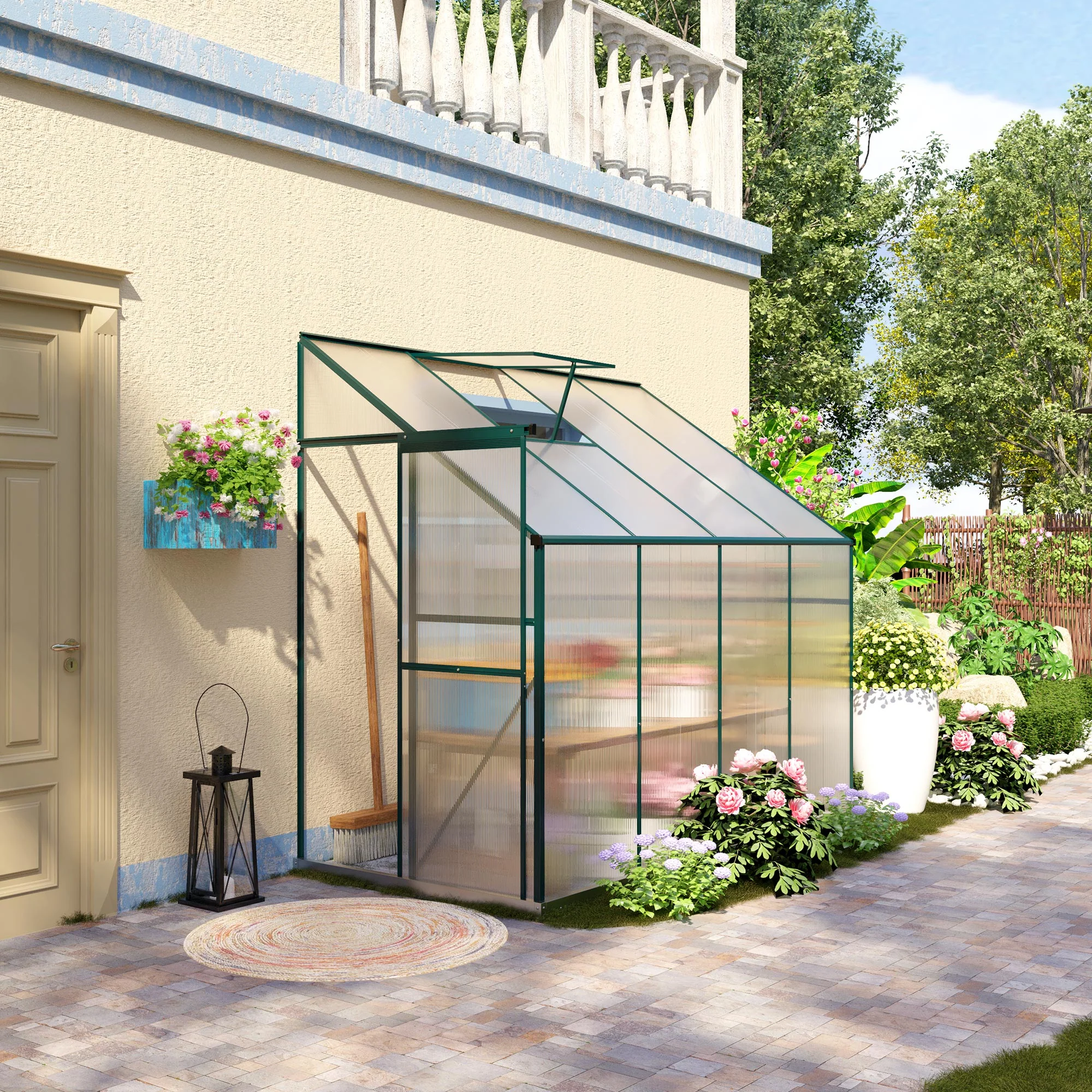 8' x 4' x 7' Walk-in Lean-To Greenhouse with Aluminum Frame, Sliding Door, Roof Vent, Green - Image 4