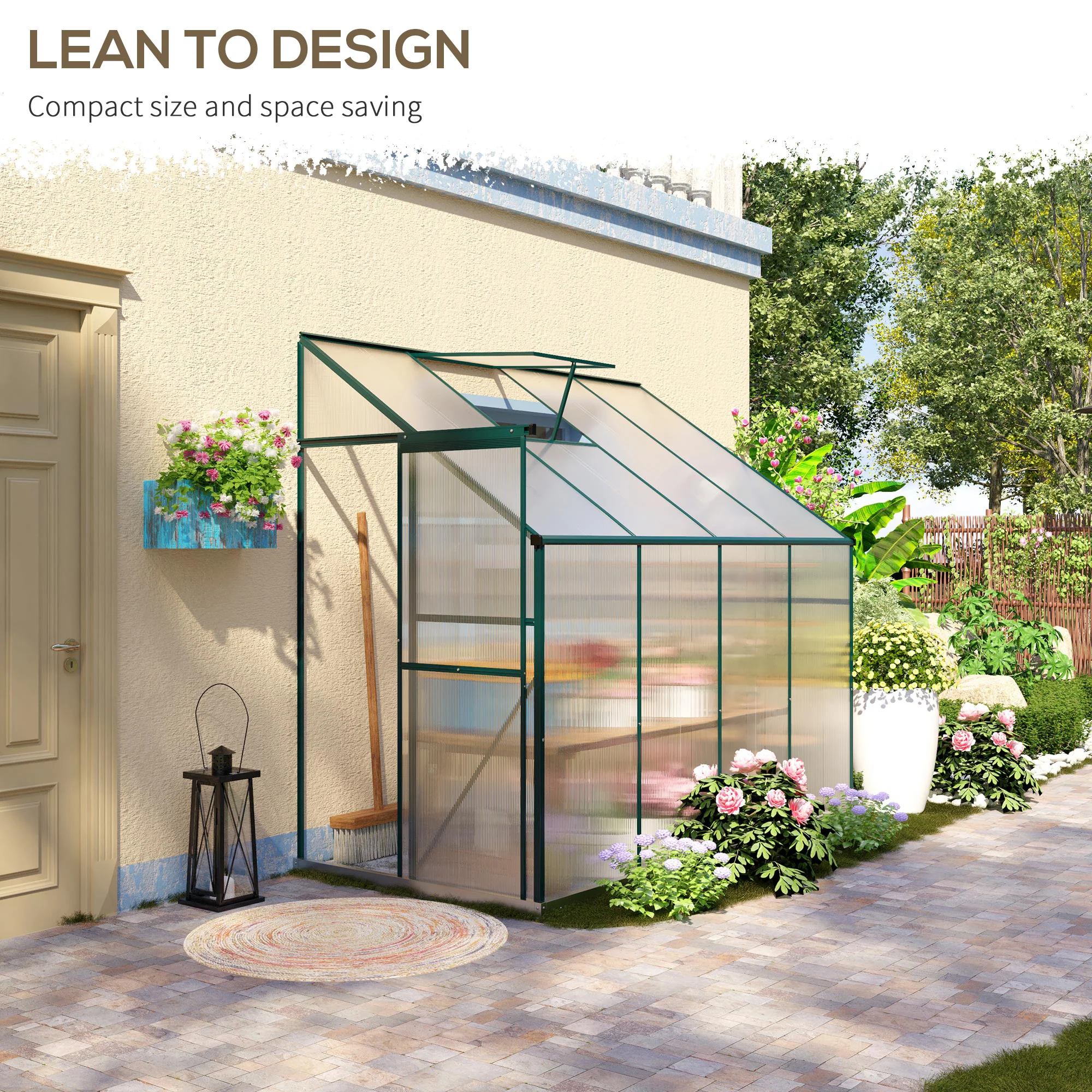 8' x 4' x 7' Walk-in Lean-To Greenhouse with Aluminum Frame, Sliding Door, Roof Vent, Green - Image 7