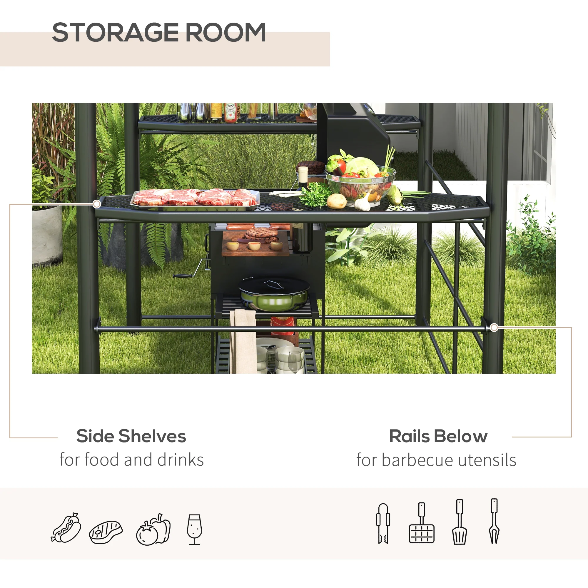 8' x 5' Grill Gazebo Shelter with Vented PC Roof, Side Shelves - Image 7