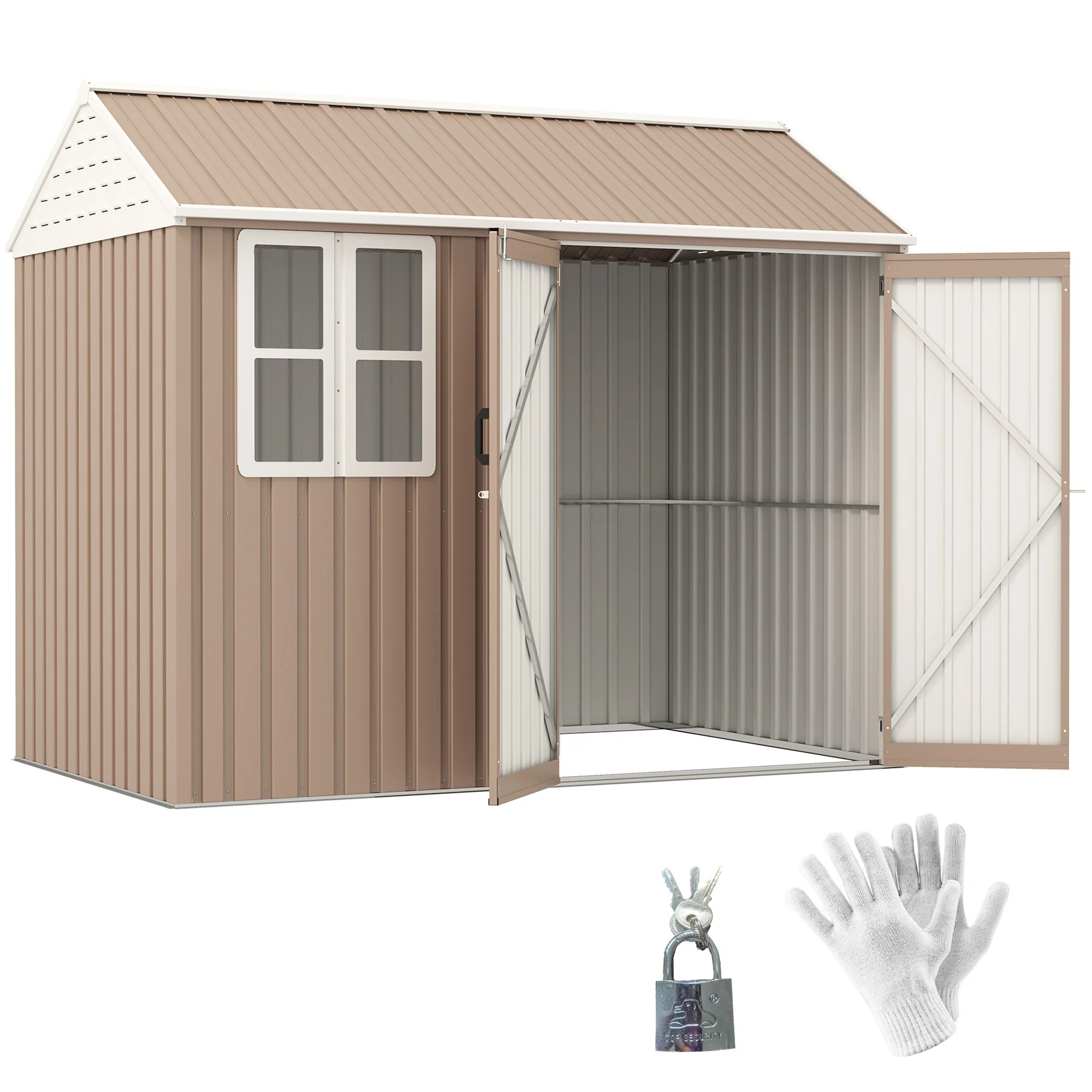 8' x 5.5' Extra Large Garden Shed, Tool Storage with Window, Metal Sloped Roof, Brown