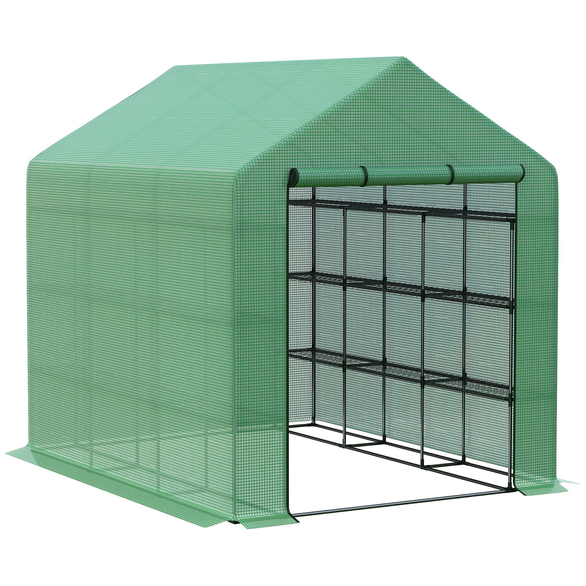 8' x 6' x 7' Walk-in Greenhouse with PE Cover, 4-Tier Shelves, Steel Frame Hot House, Green - Image 12