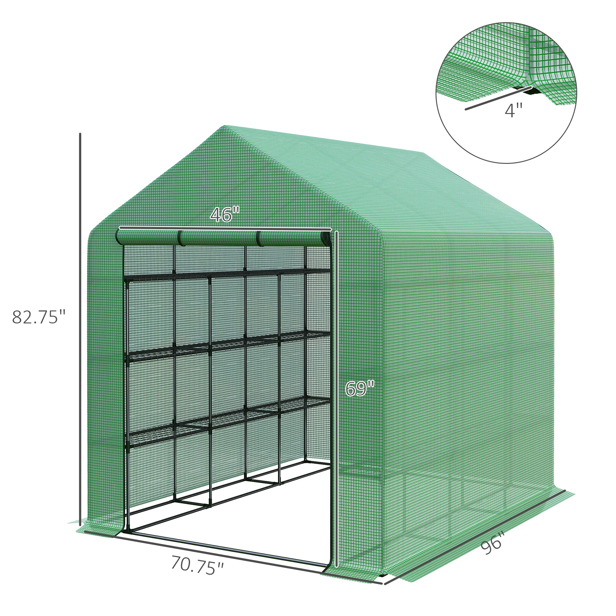8' x 6' x 7' Walk-in Greenhouse with PE Cover, 4-Tier Shelves, Steel Frame Hot House, Green - Image 5