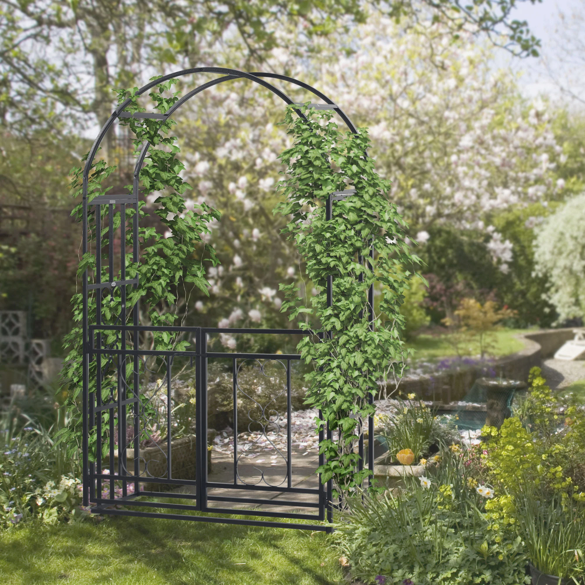 81" Metal Garden Arbor with Double Doors, Locking Gate, Vine Frame & Heart Motifs, Grey - Image 3