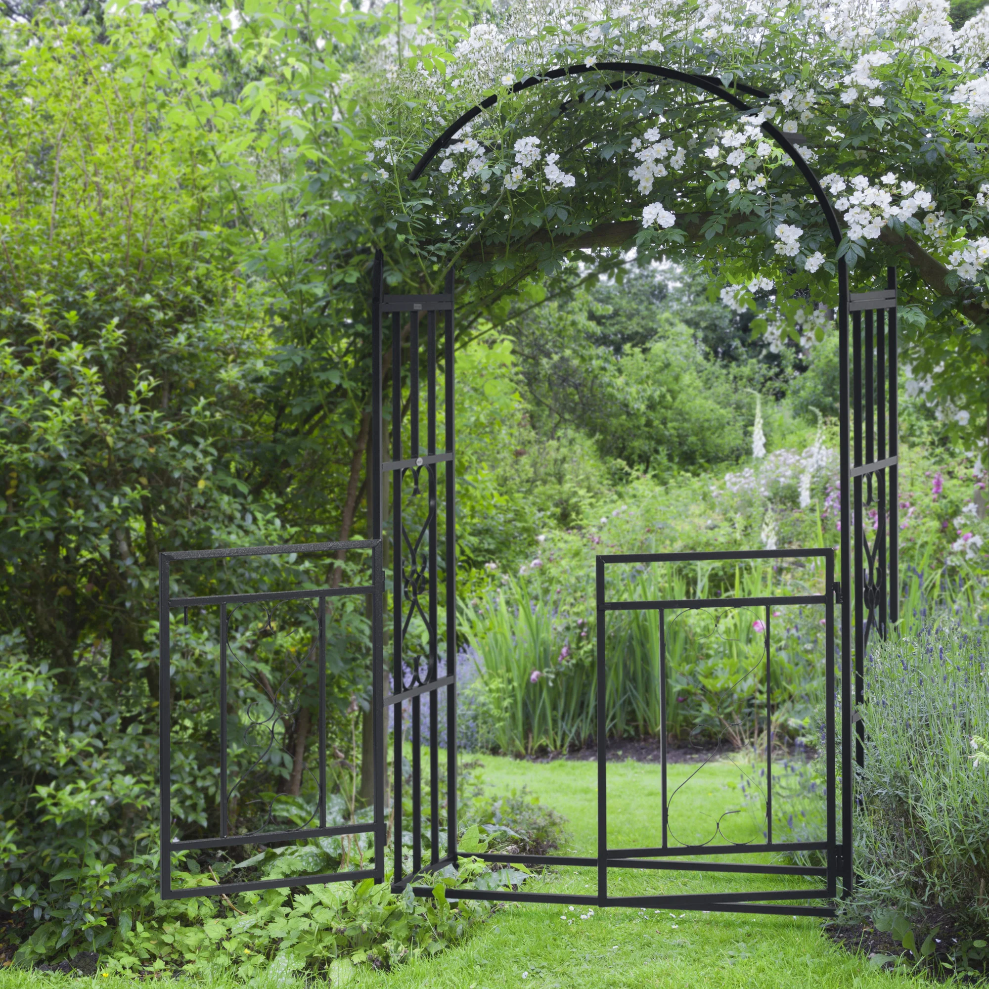81" Metal Garden Arbor with Double Doors, Locking Gate, Vine Frame & Heart Motifs, Grey - Image 4