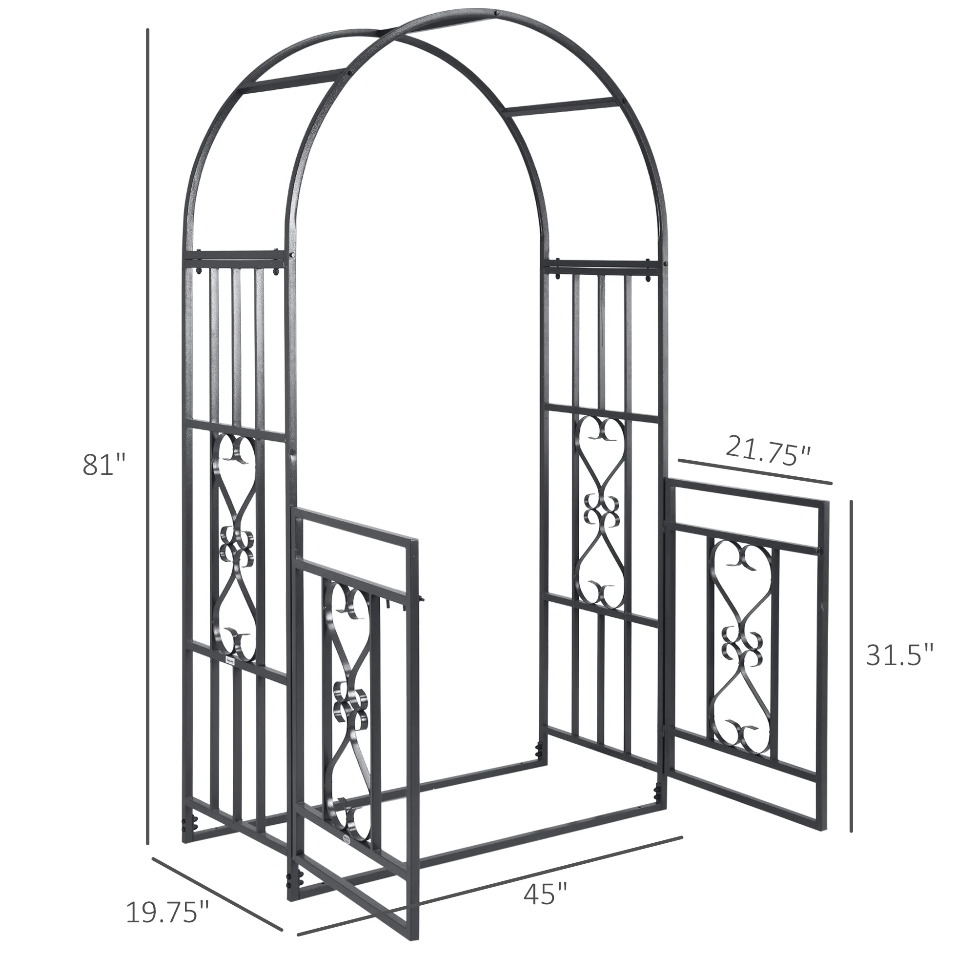 81" Metal Garden Arbor with Double Doors, Locking Gate, Vine Frame & Heart Motifs, Grey - Image 5