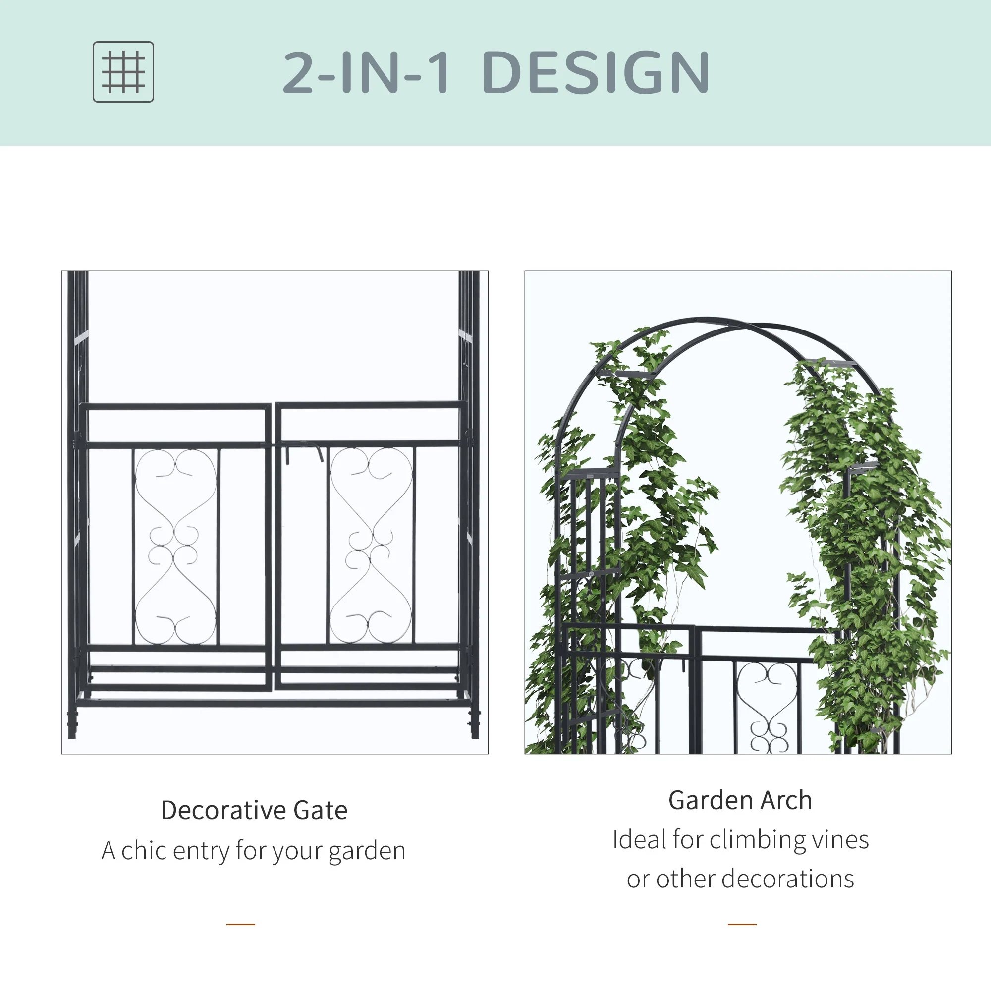 81" Metal Garden Arbor with Double Doors, Locking Gate, Vine Frame & Heart Motifs, Grey - Image 6