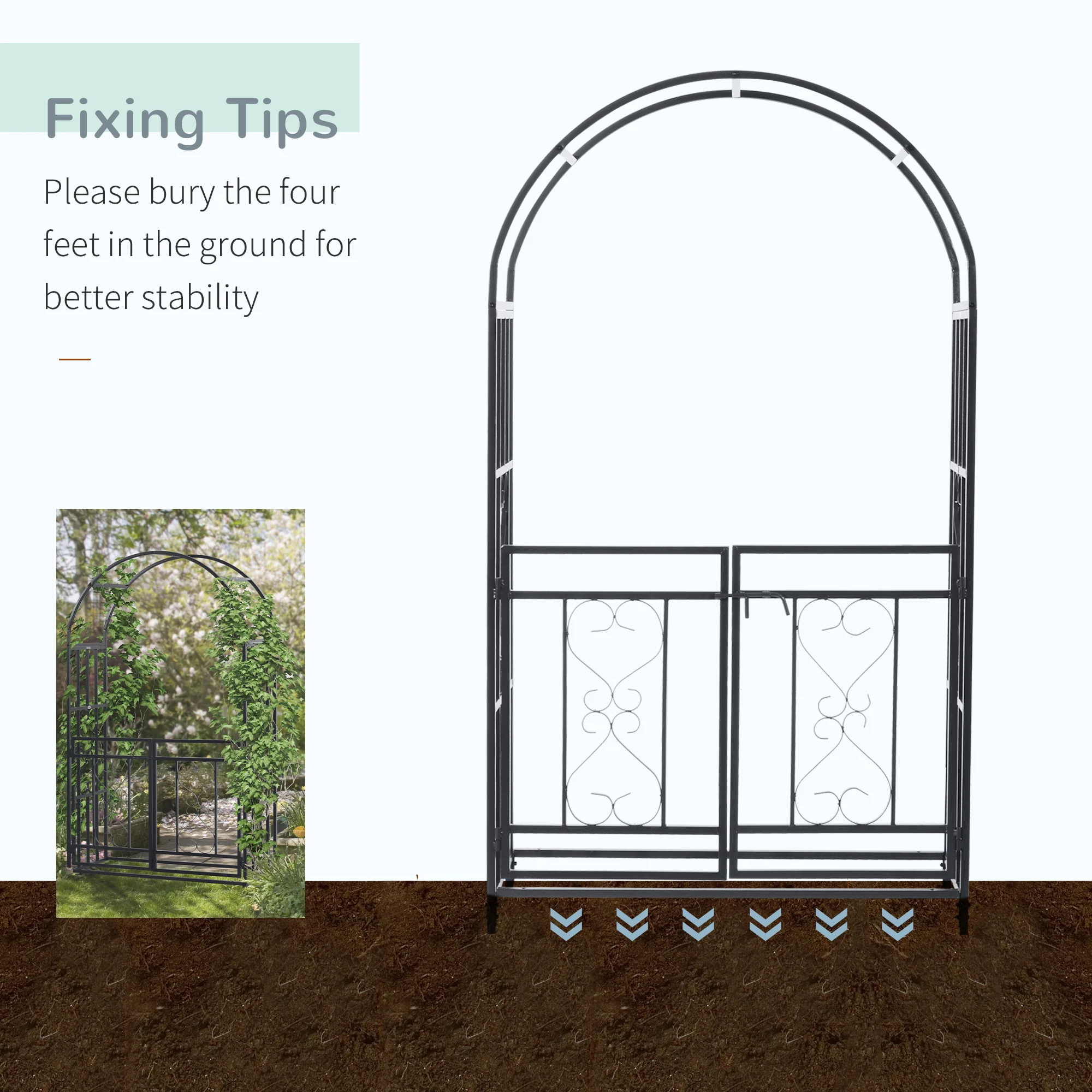 81" Metal Garden Arbor with Double Doors, Locking Gate, Vine Frame & Heart Motifs, Grey - Image 7