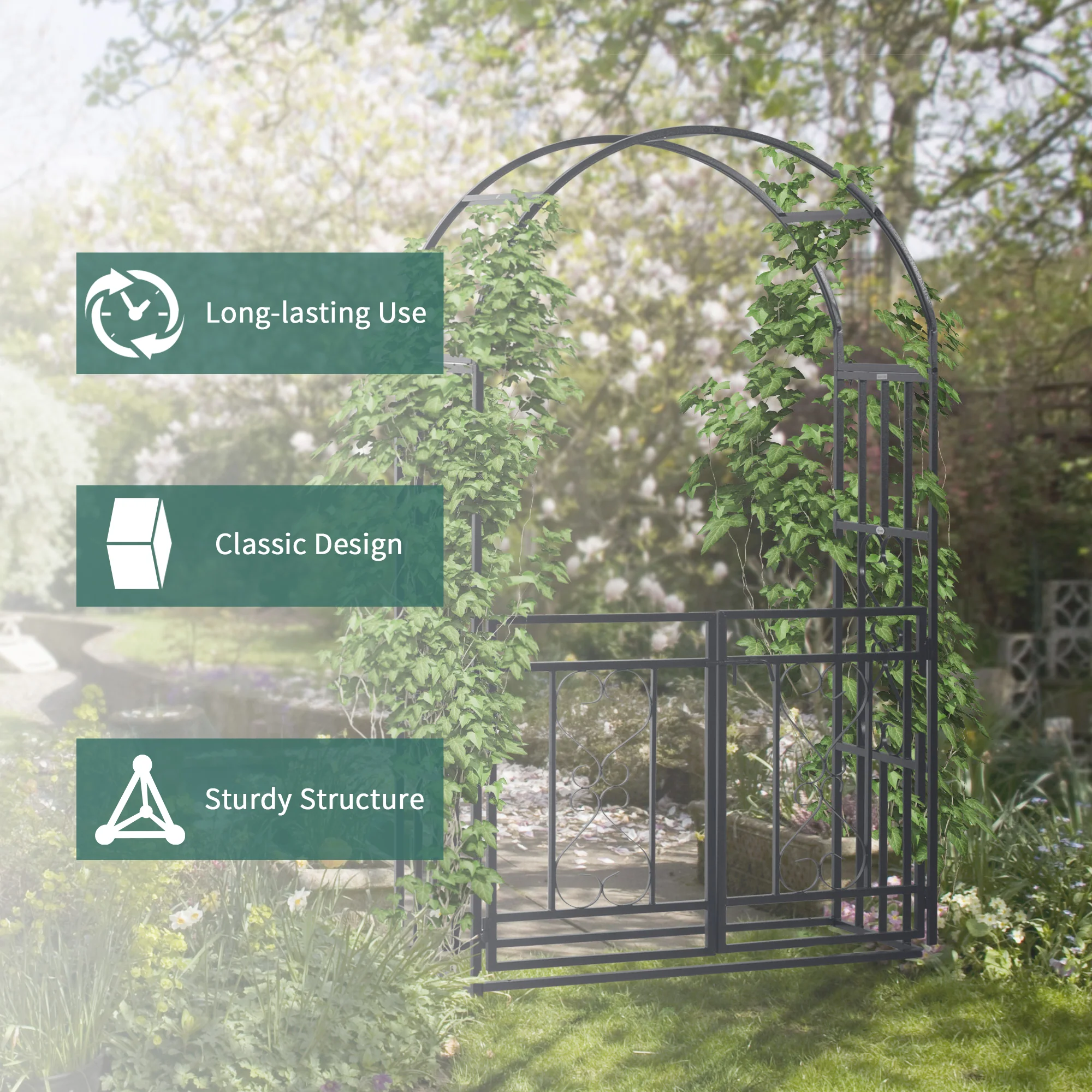 81" Metal Garden Arbor with Double Doors, Locking Gate, Vine Frame & Heart Motifs, Grey - Image 8