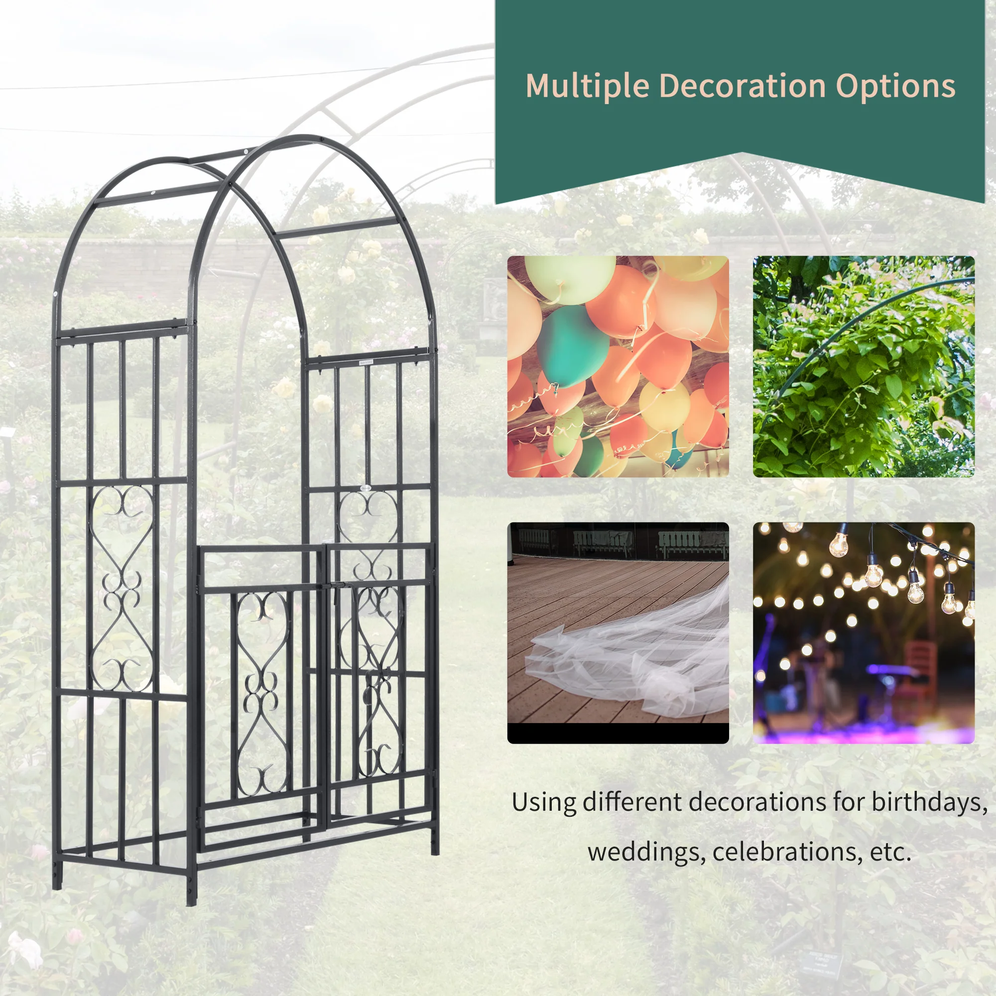 81" Metal Garden Arbor with Double Doors, Locking Gate, Vine Frame & Heart Motifs, Grey - Image 9