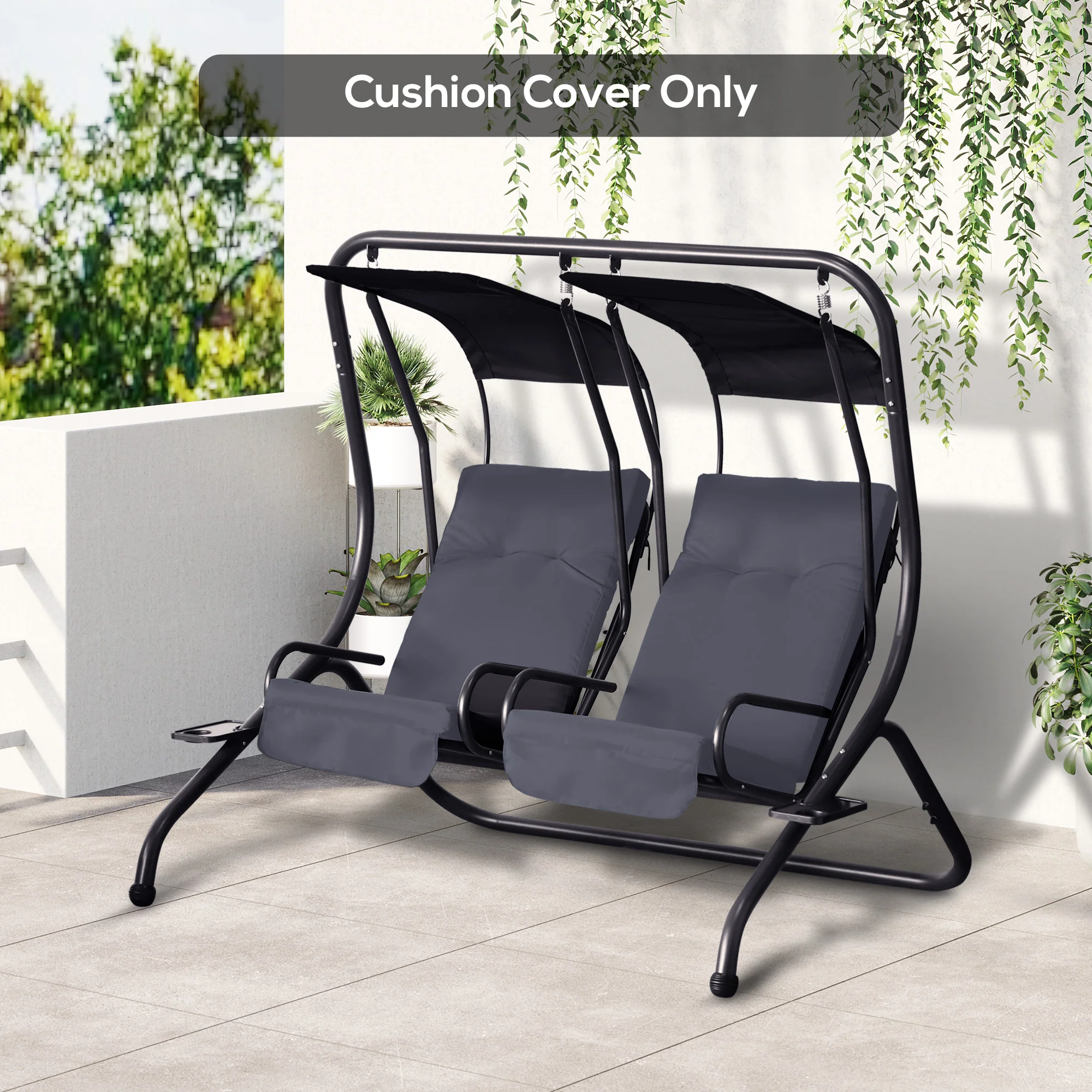 2-Piece Gray Patio Seat Covers, Outdoor Swing Cushion Set with Tufted Backrest & Tie Straps, Gray - Image 3