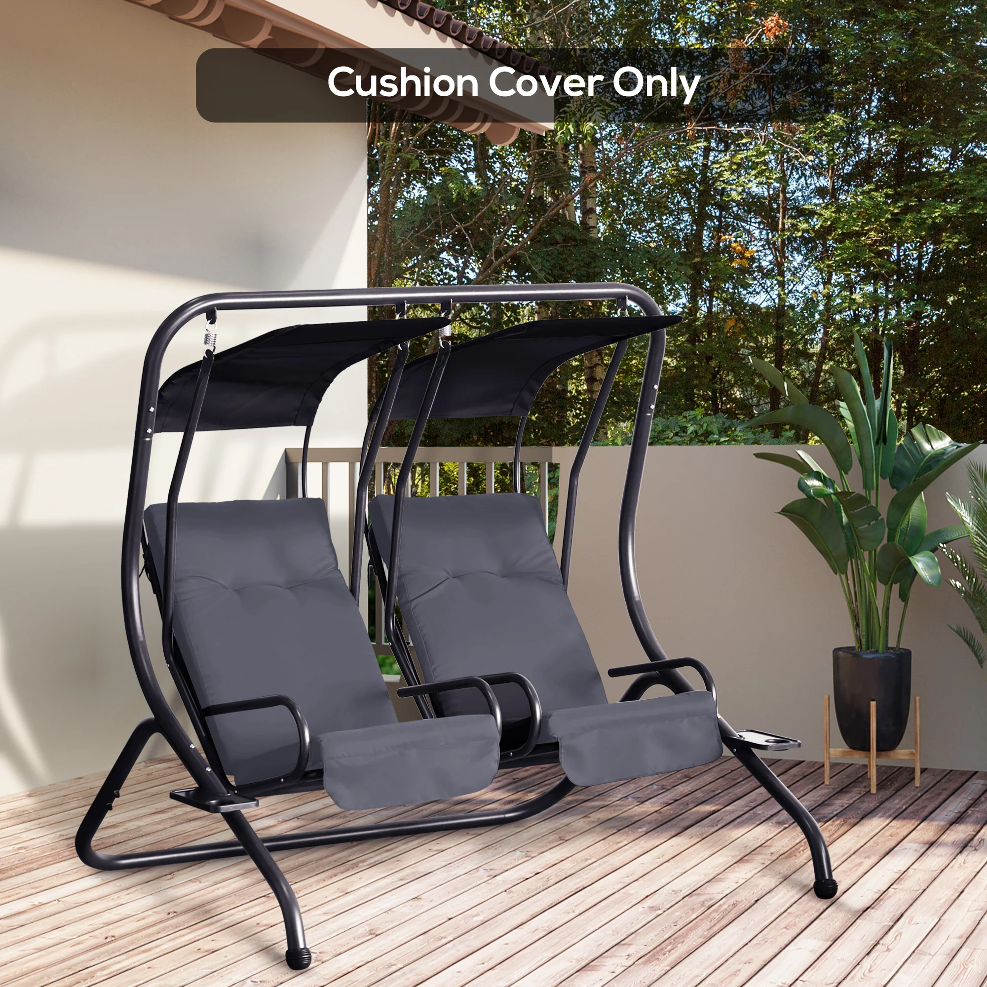 2-Piece Gray Patio Seat Covers, Outdoor Swing Cushion Set with Tufted Backrest & Tie Straps, Gray - Image 4