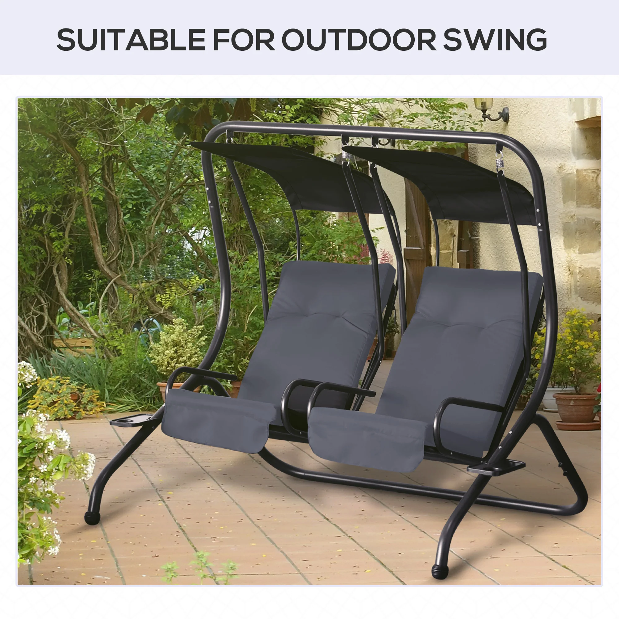 2-Piece Gray Patio Seat Covers, Outdoor Swing Cushion Set with Tufted Backrest & Tie Straps, Gray - Image 6