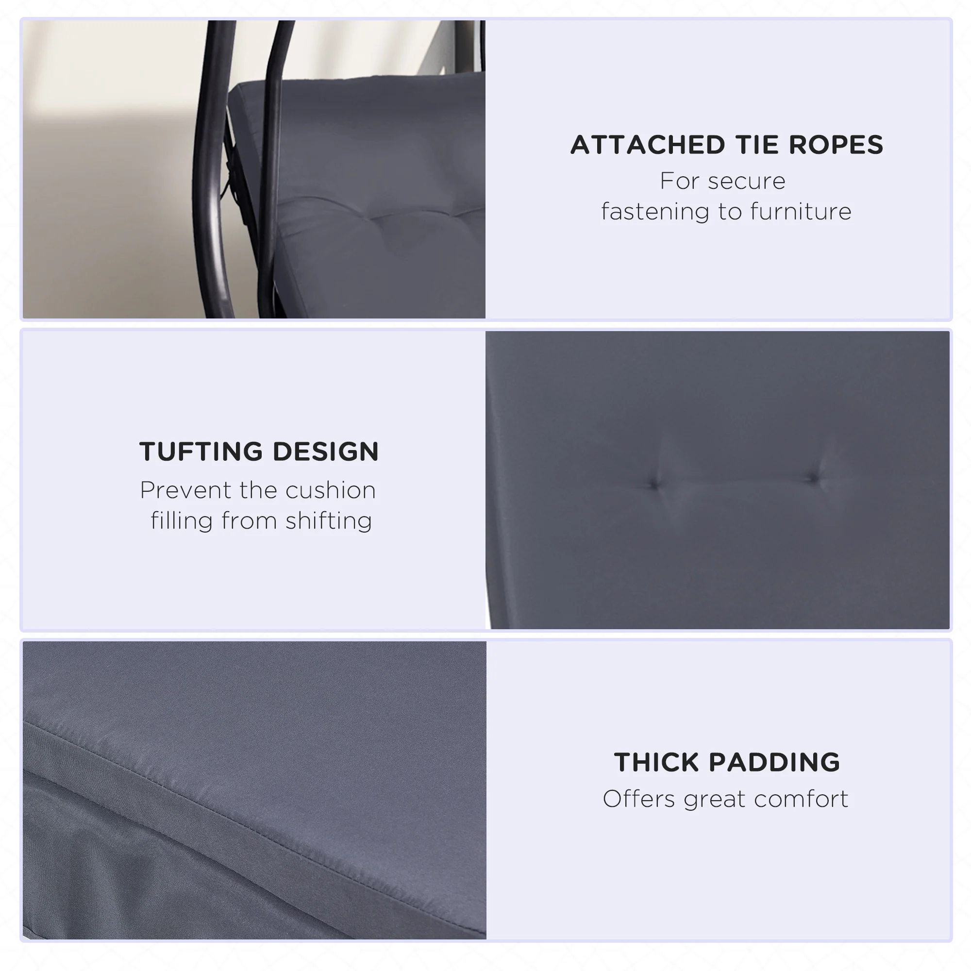 2-Piece Gray Patio Seat Covers, Outdoor Swing Cushion Set with Tufted Backrest & Tie Straps, Gray - Image 7