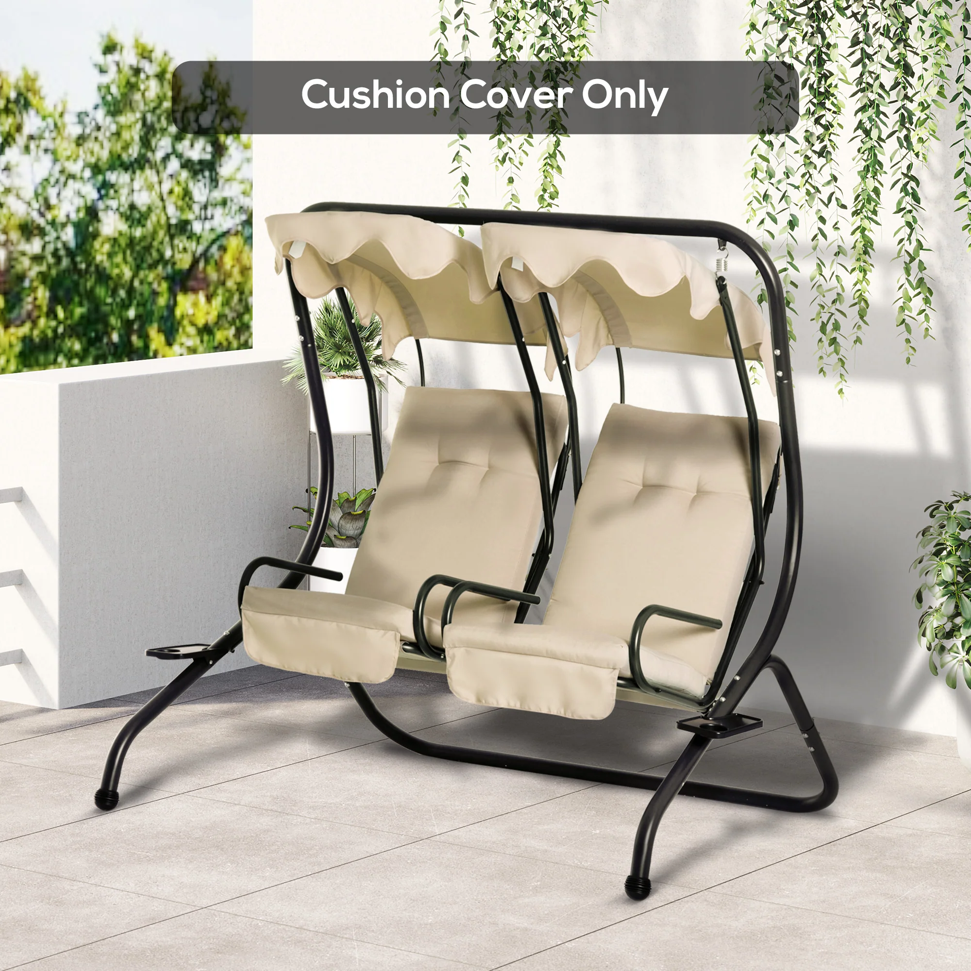 2-Piece Gray Patio Seat Covers, Outdoor Swing Cushion Set with Tufted Backrest & Tie Straps, Beige - Image 3