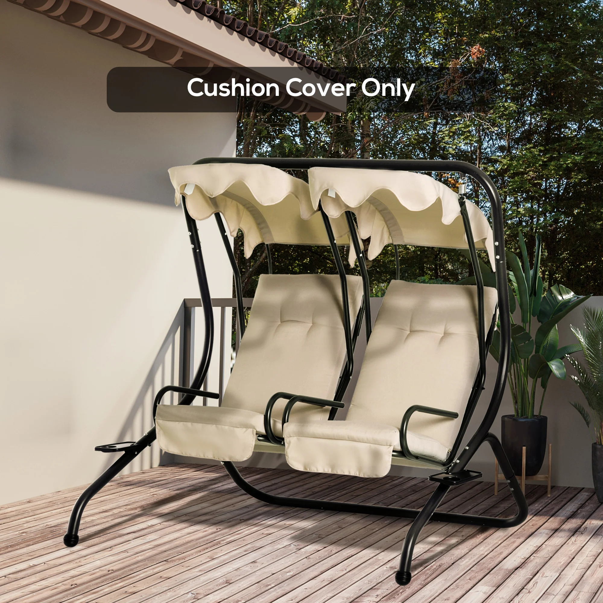 2-Piece Gray Patio Seat Covers, Outdoor Swing Cushion Set with Tufted Backrest & Tie Straps, Beige - Image 4