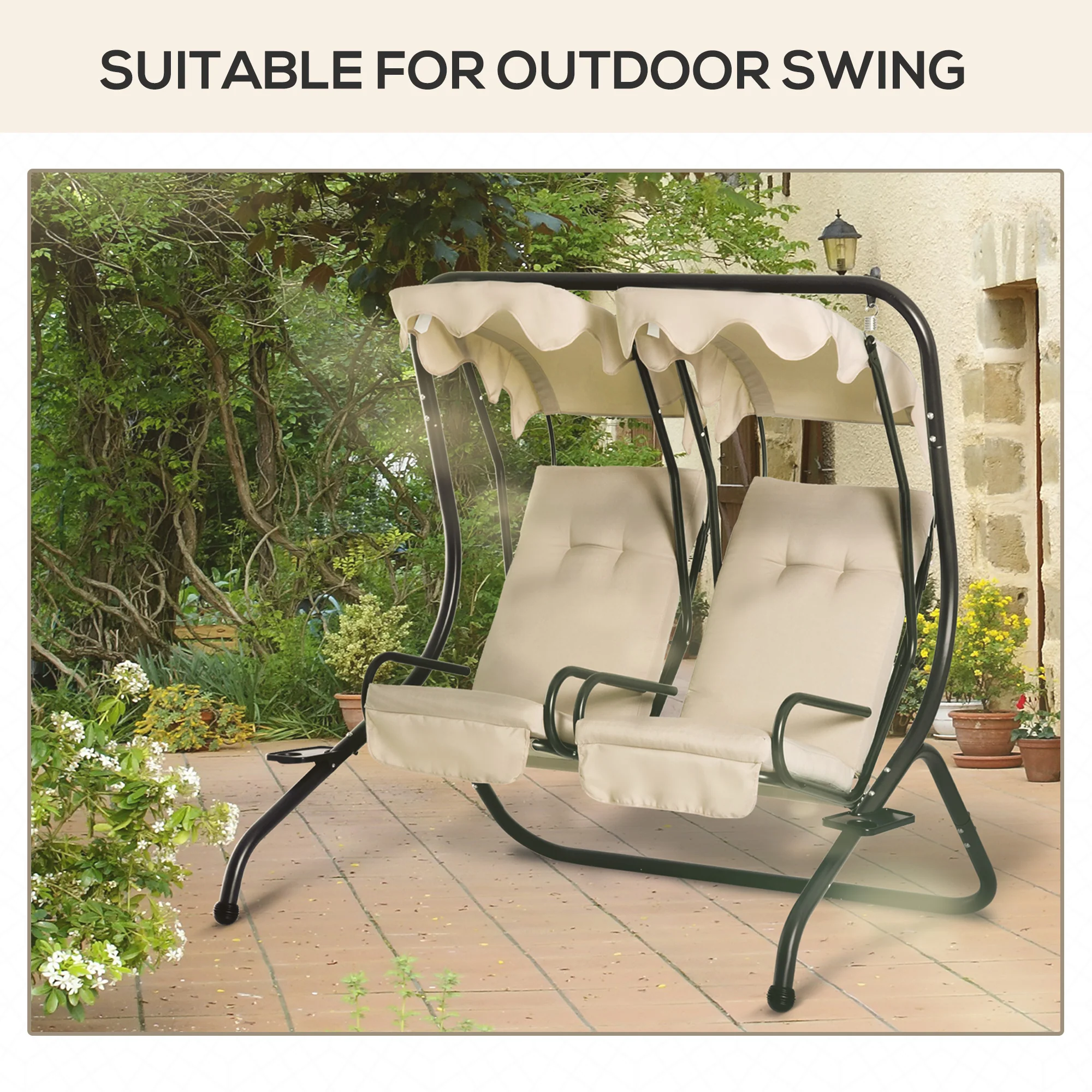 2-Piece Gray Patio Seat Covers, Outdoor Swing Cushion Set with Tufted Backrest & Tie Straps, Beige - Image 6