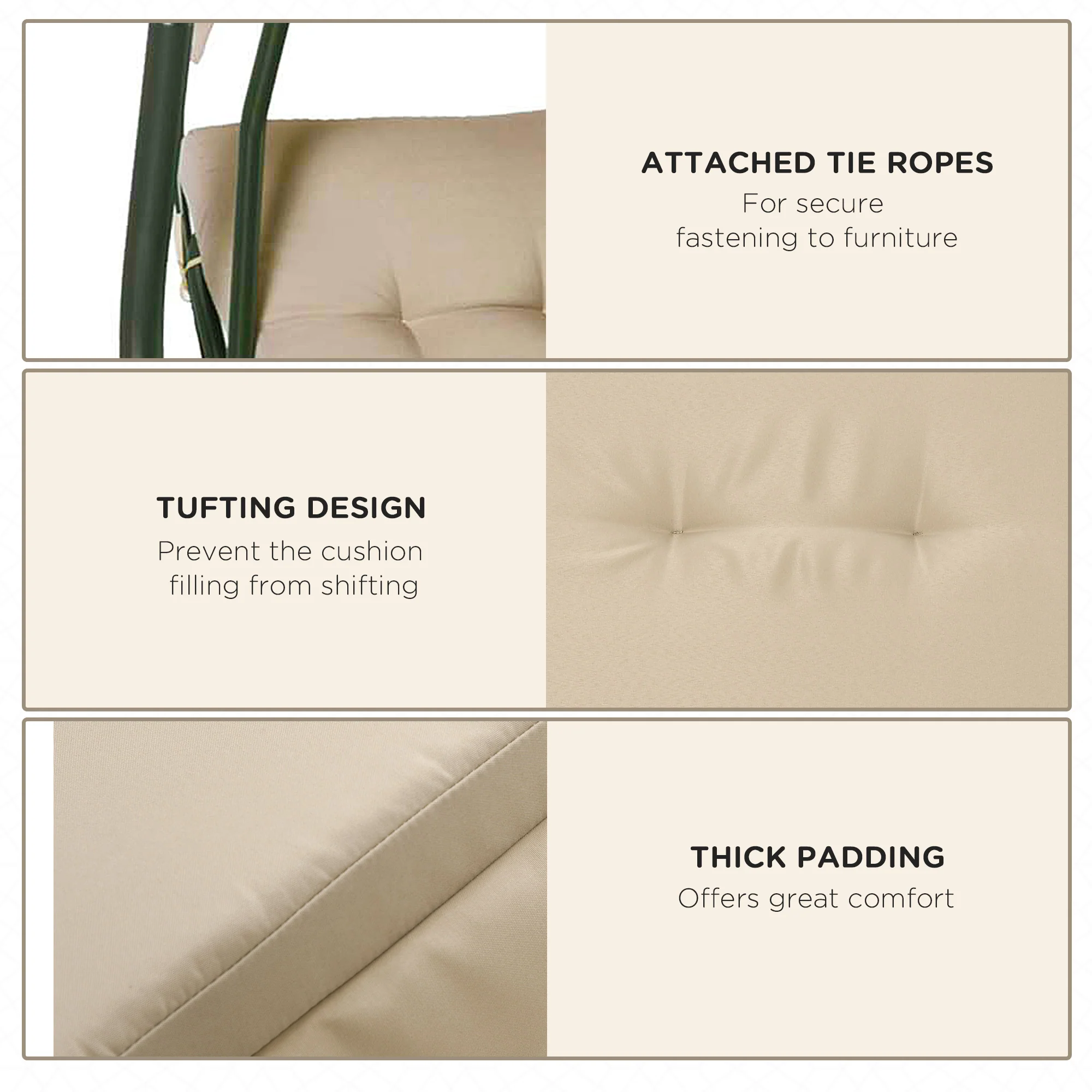 2-Piece Gray Patio Seat Covers, Outdoor Swing Cushion Set with Tufted Backrest & Tie Straps, Beige - Image 7