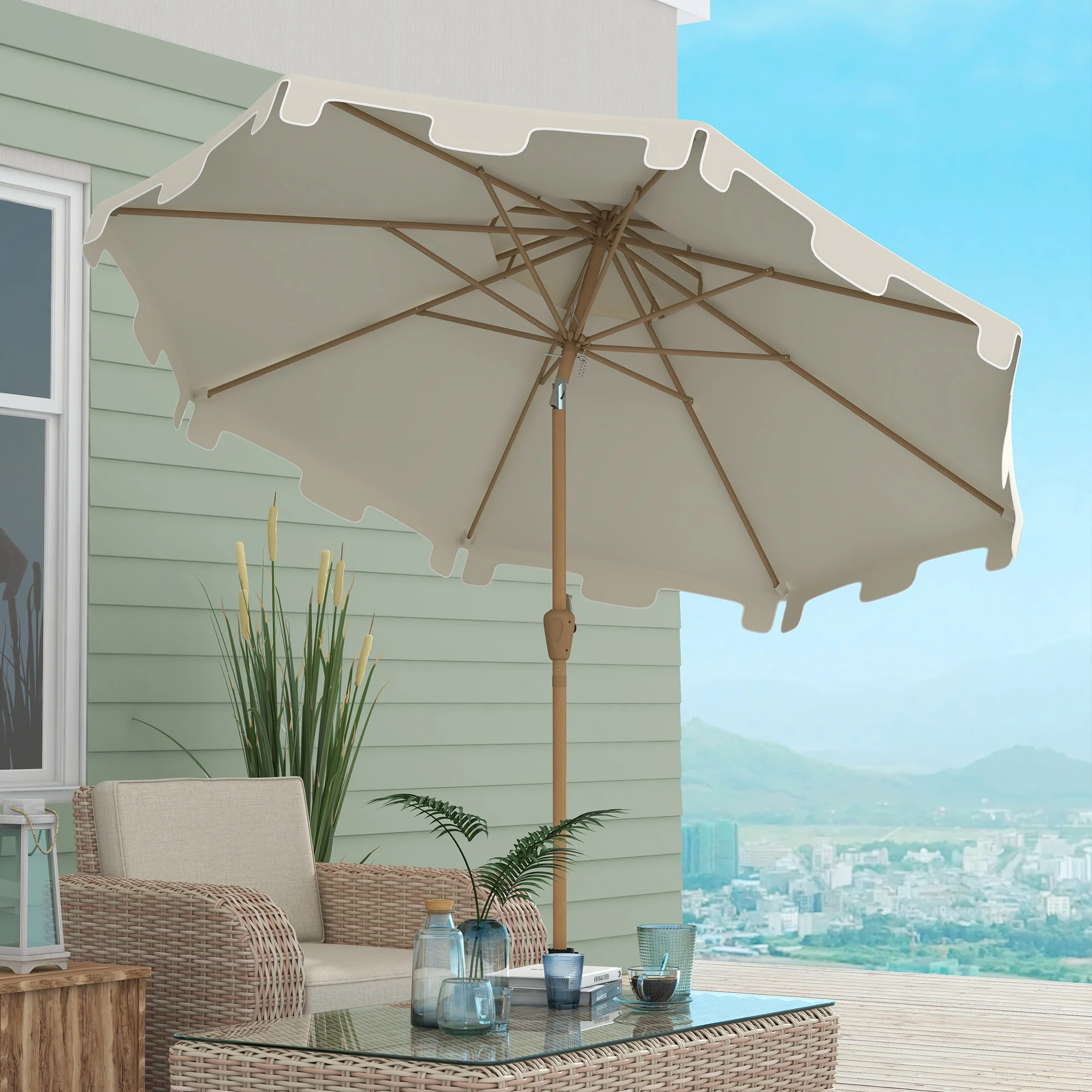 9' Patio Umbrella with Push Button Tilt and Crank, Outdoor Umbrella with 8 Ribs, Cream White - Image 3