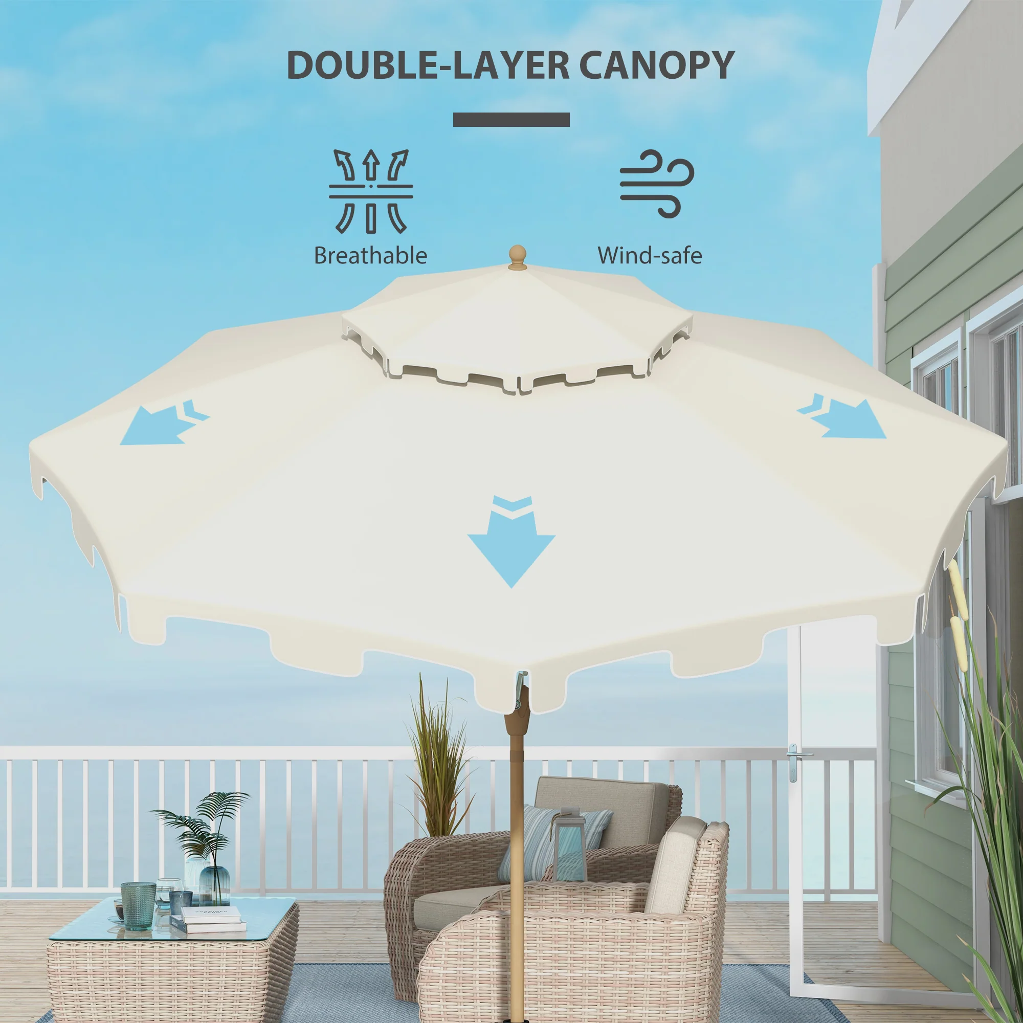 9' Patio Umbrella with Push Button Tilt and Crank, Outdoor Umbrella with 8 Ribs, Cream White - Image 8