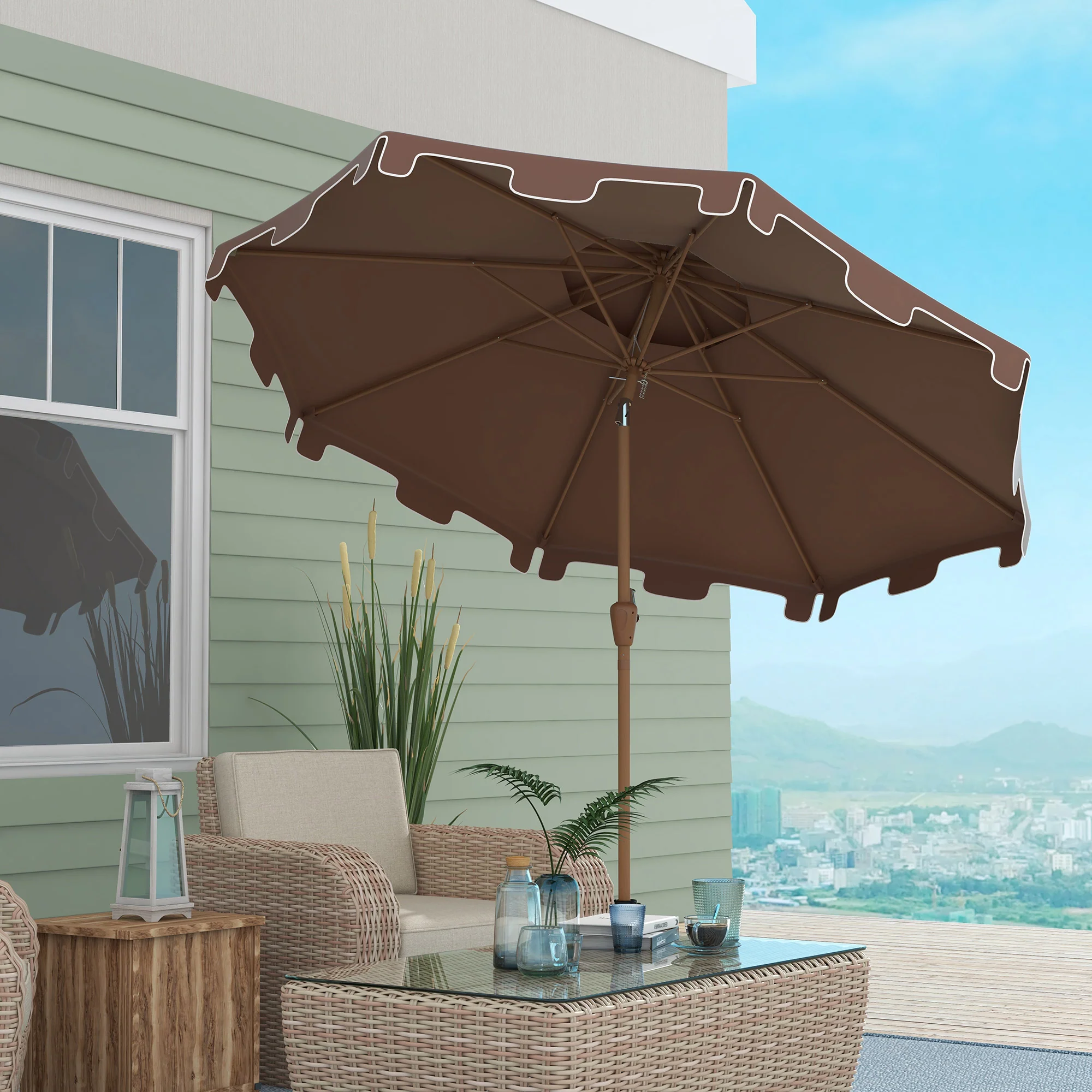 9' Patio Umbrella with Push Button Tilt and Crank, Outdoor Umbrella with 8 Ribs,  Brown - Image 3