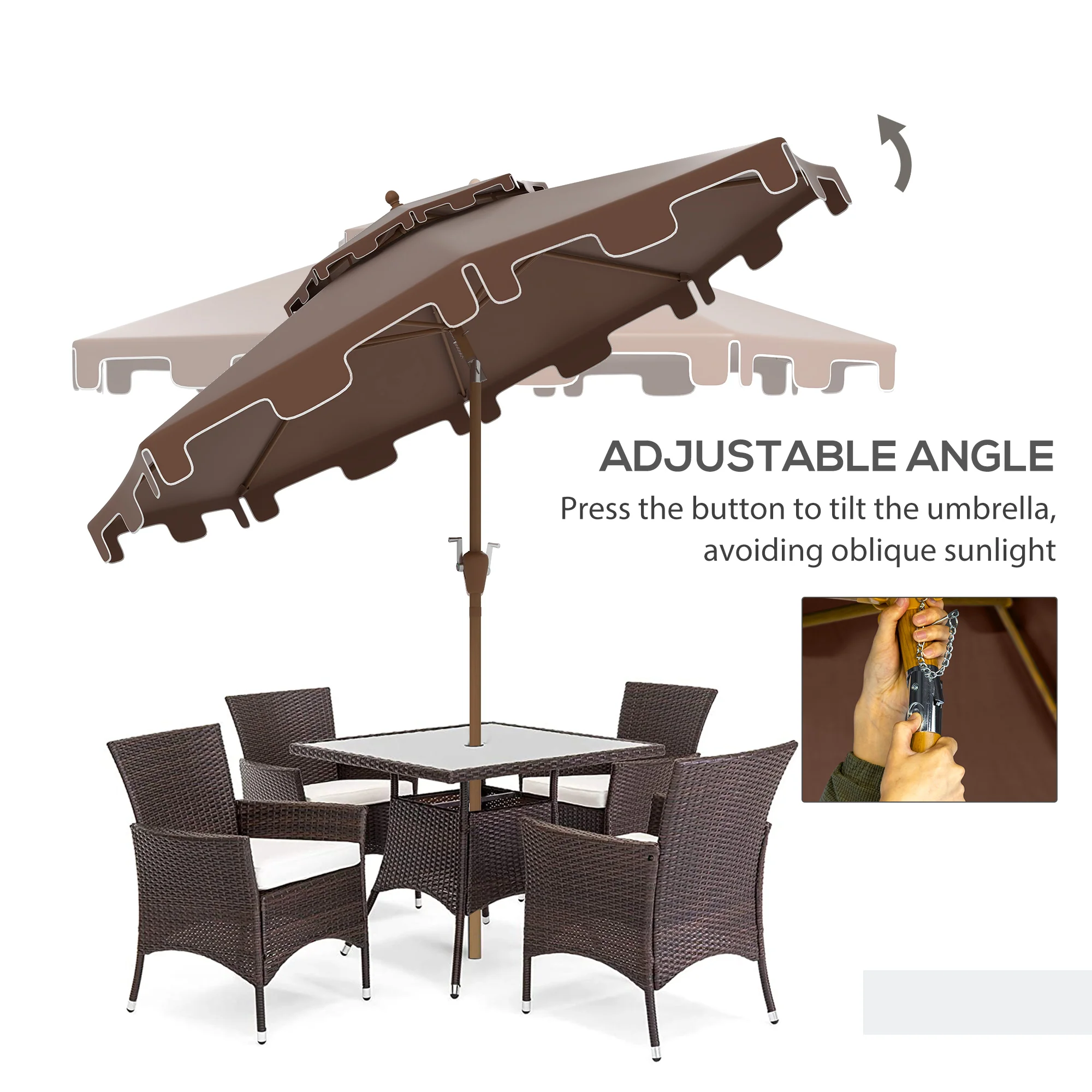 9' Patio Umbrella with Push Button Tilt and Crank, Outdoor Umbrella with 8 Ribs,  Brown - Image 6