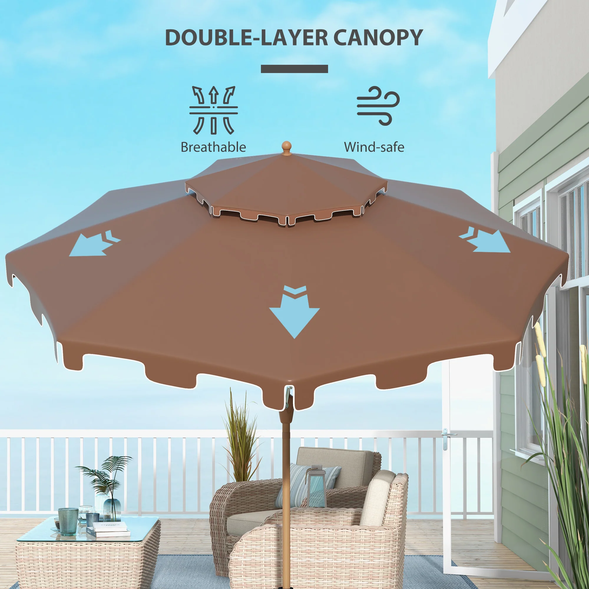 9' Patio Umbrella with Push Button Tilt and Crank, Outdoor Umbrella with 8 Ribs,  Brown - Image 8