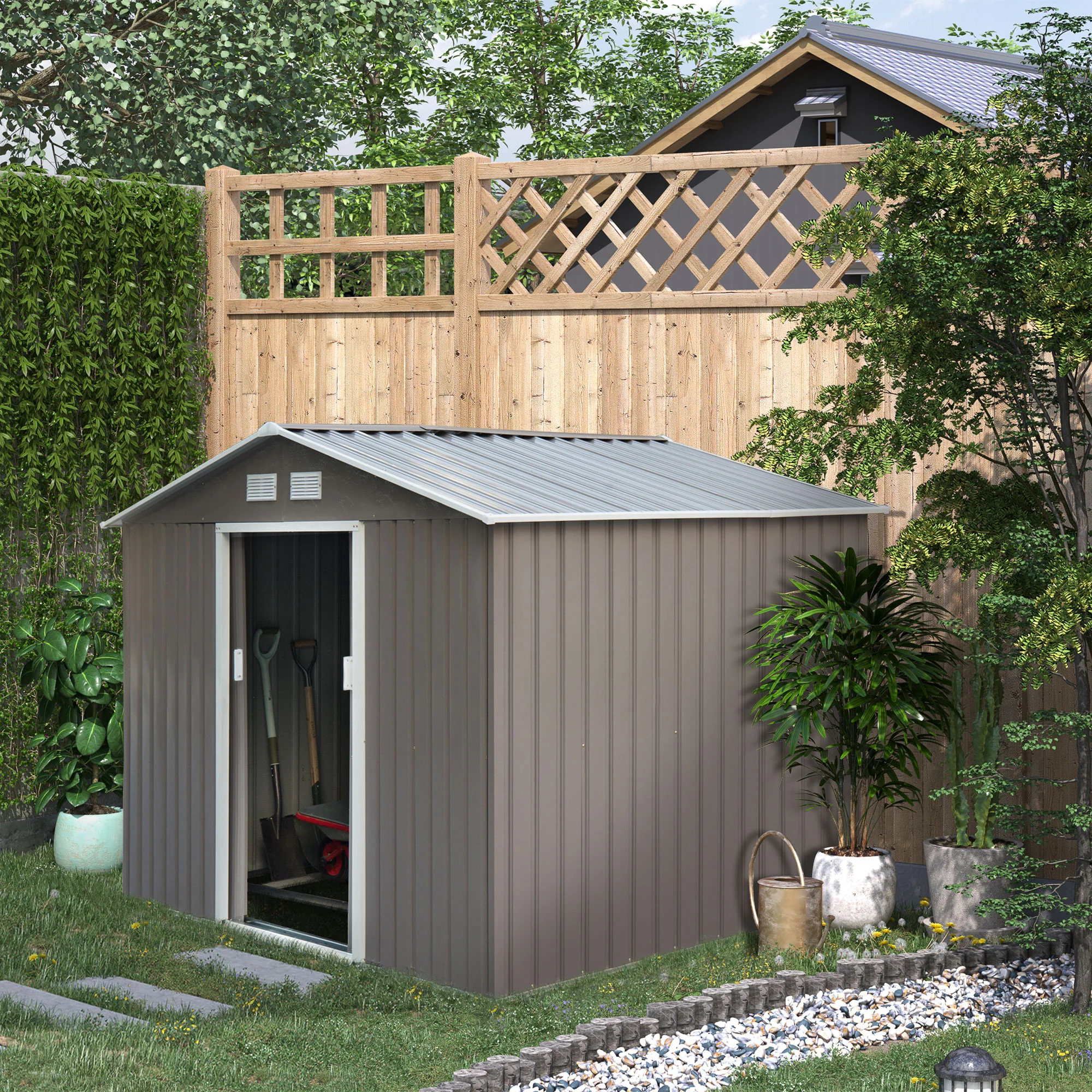 EverBase 9' x 6' Outdoor Storage Shed with Foundation Kit, Double Lockable Door & Air Vents, Gray - Image 3