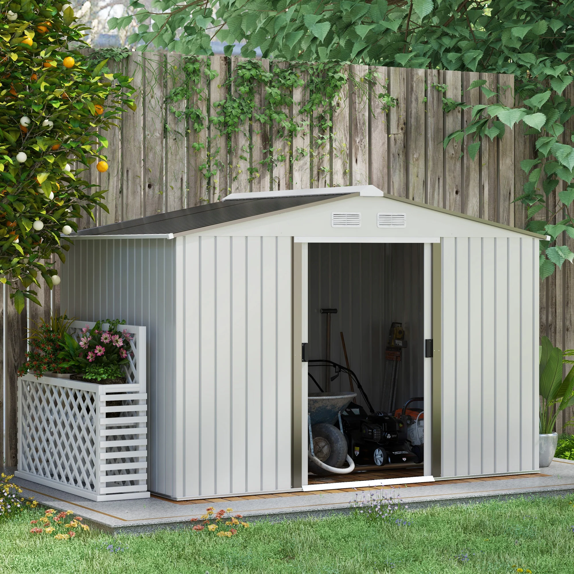 EverBase 9' x 6' Outdoor Storage Shed with Foundation Kit, Double Lockable Door & Air Vents, Silver - Image 3