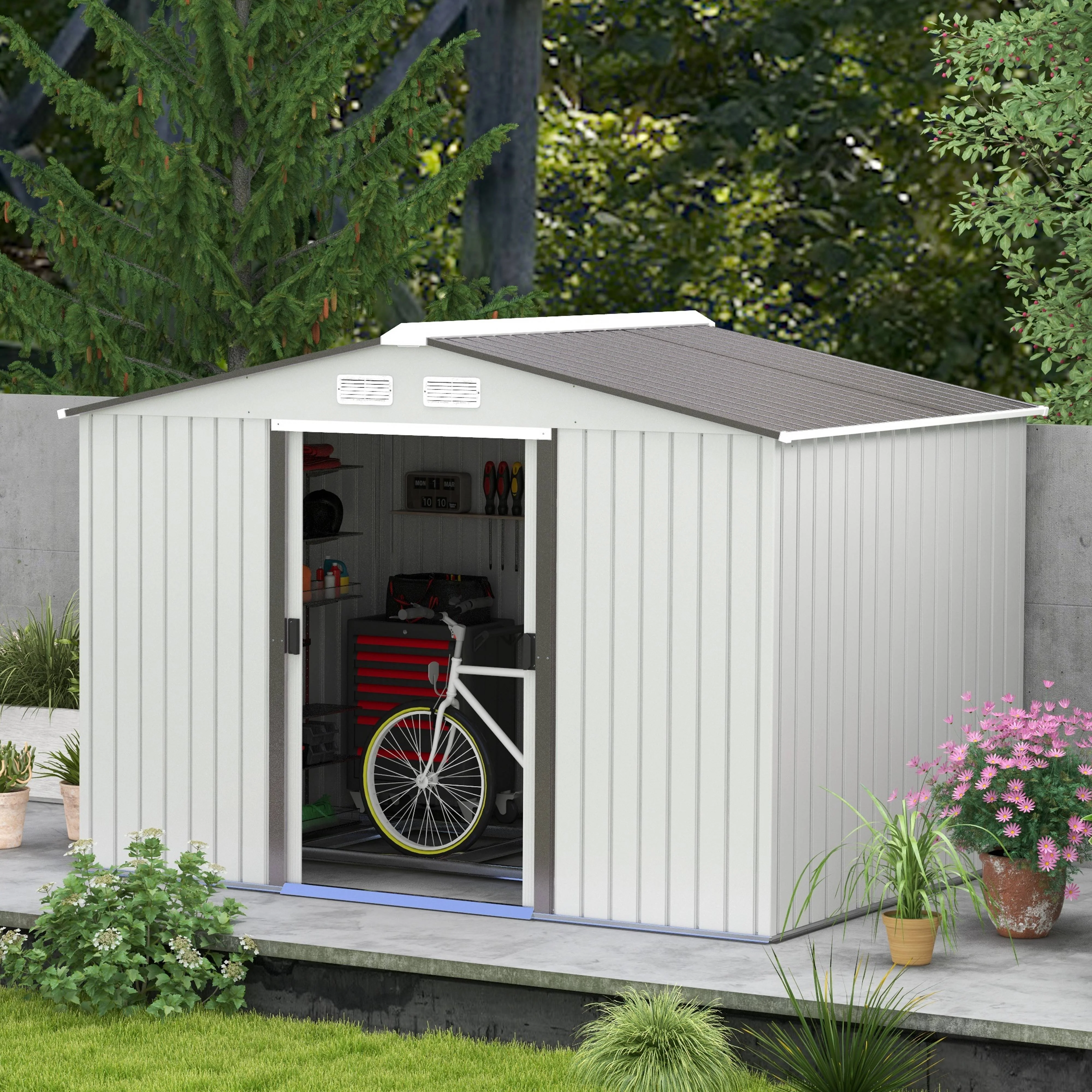 EverBase 9' x 6' Outdoor Storage Shed with Foundation Kit, Double Lockable Door & Air Vents, Silver - Image 4