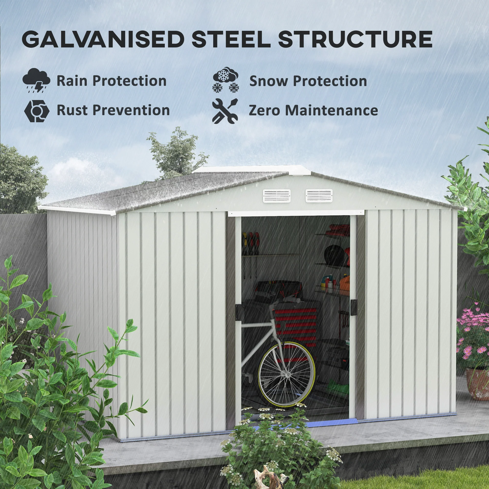 EverBase 9' x 6' Outdoor Storage Shed with Foundation Kit, Double Lockable Door & Air Vents, Silver - Image 6