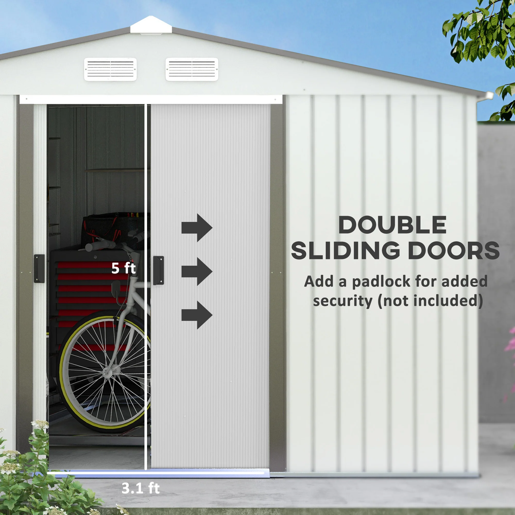 EverBase 9' x 6' Outdoor Storage Shed with Foundation Kit, Double Lockable Door & Air Vents, Silver - Image 7