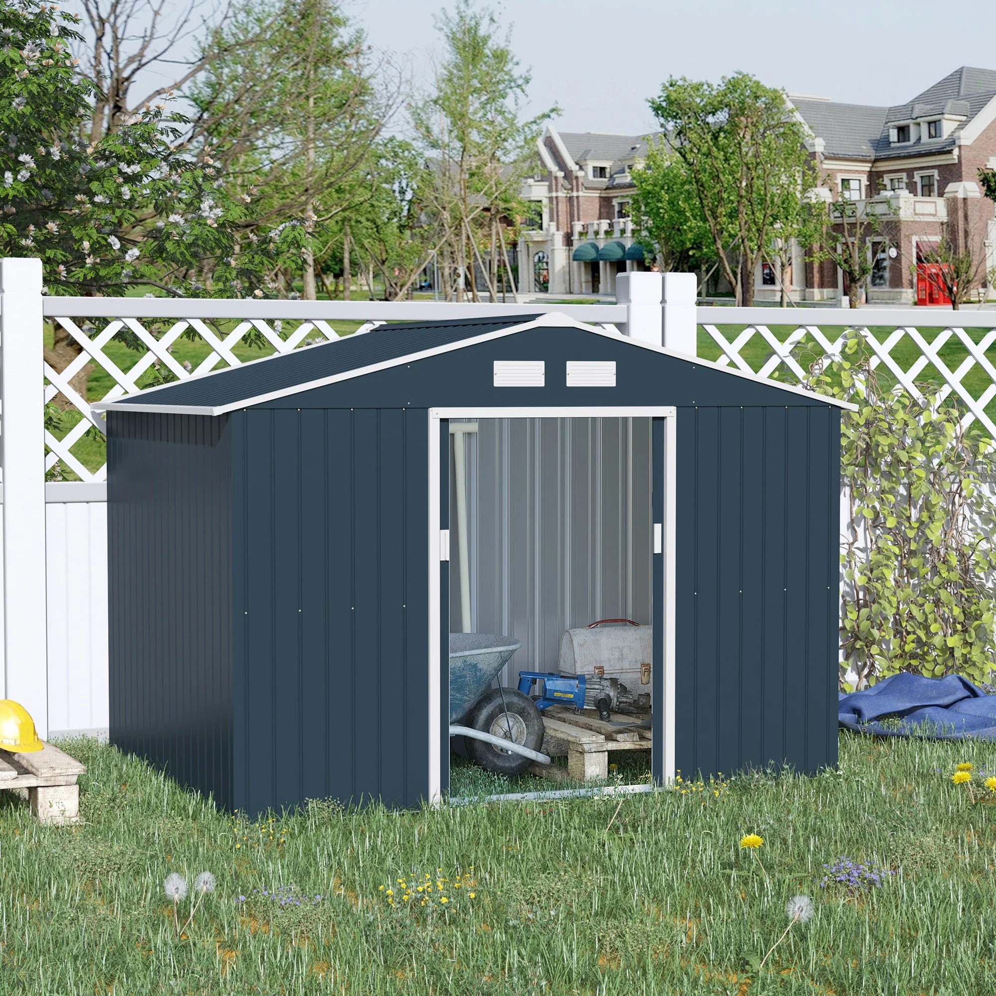 EverBase 9' x 6' Outdoor Storage Shed with Foundation Kit, Double Lockable Door & Air Vents, Dark Gray - Image 3